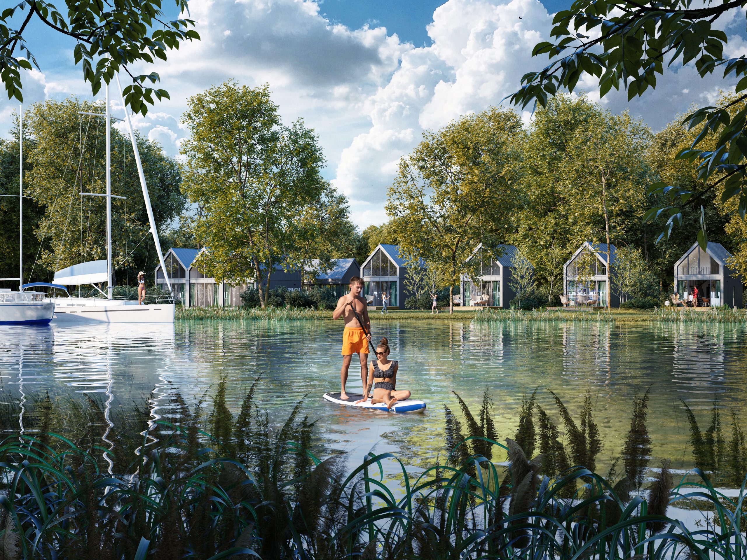 Widok na marinę przy jeziorze z ludźmi pływającymi na dmuchanej desce.