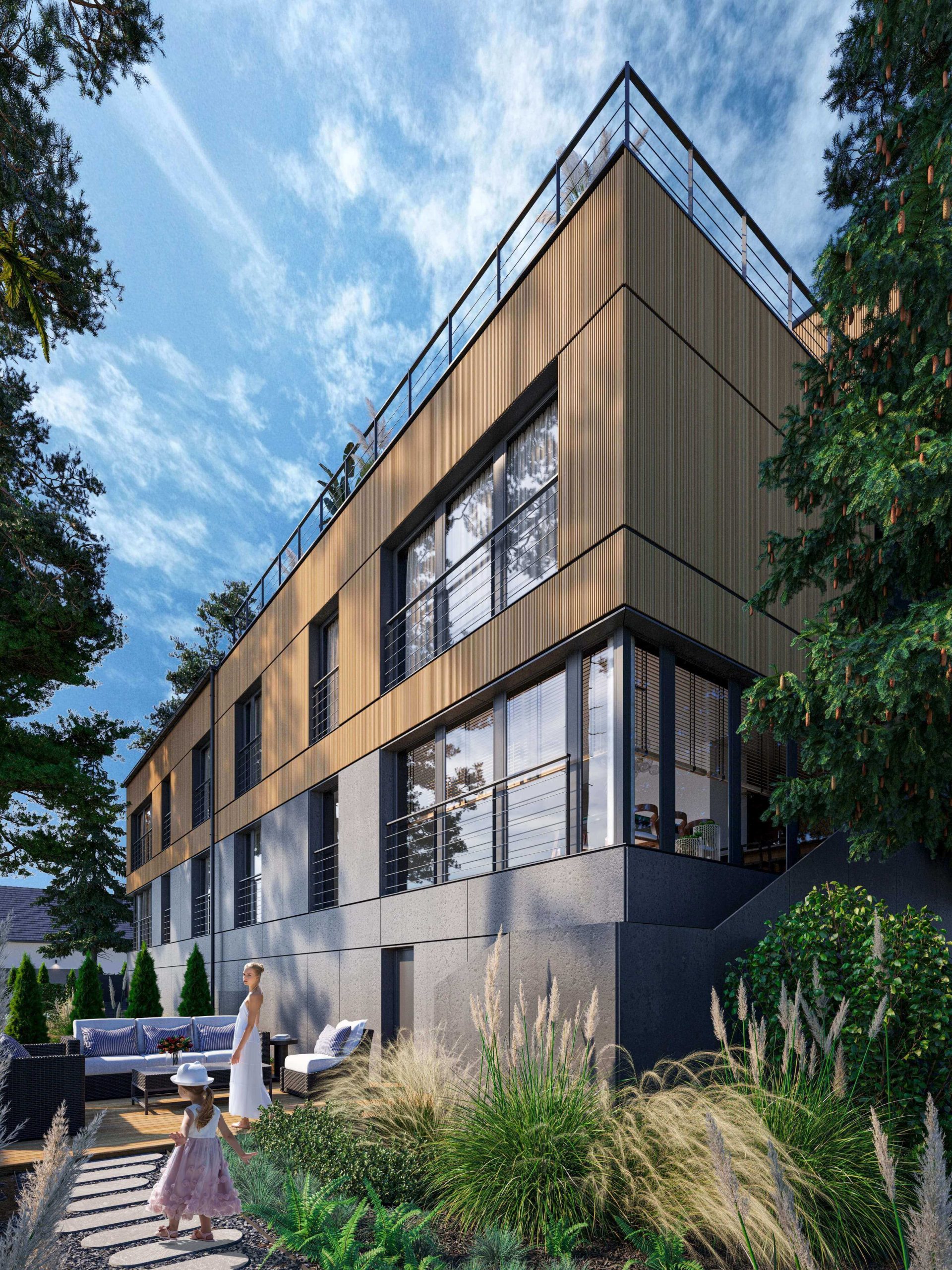 Widok budynku bliźniaczego z ciemną elewacją z elementami drewnianymi.