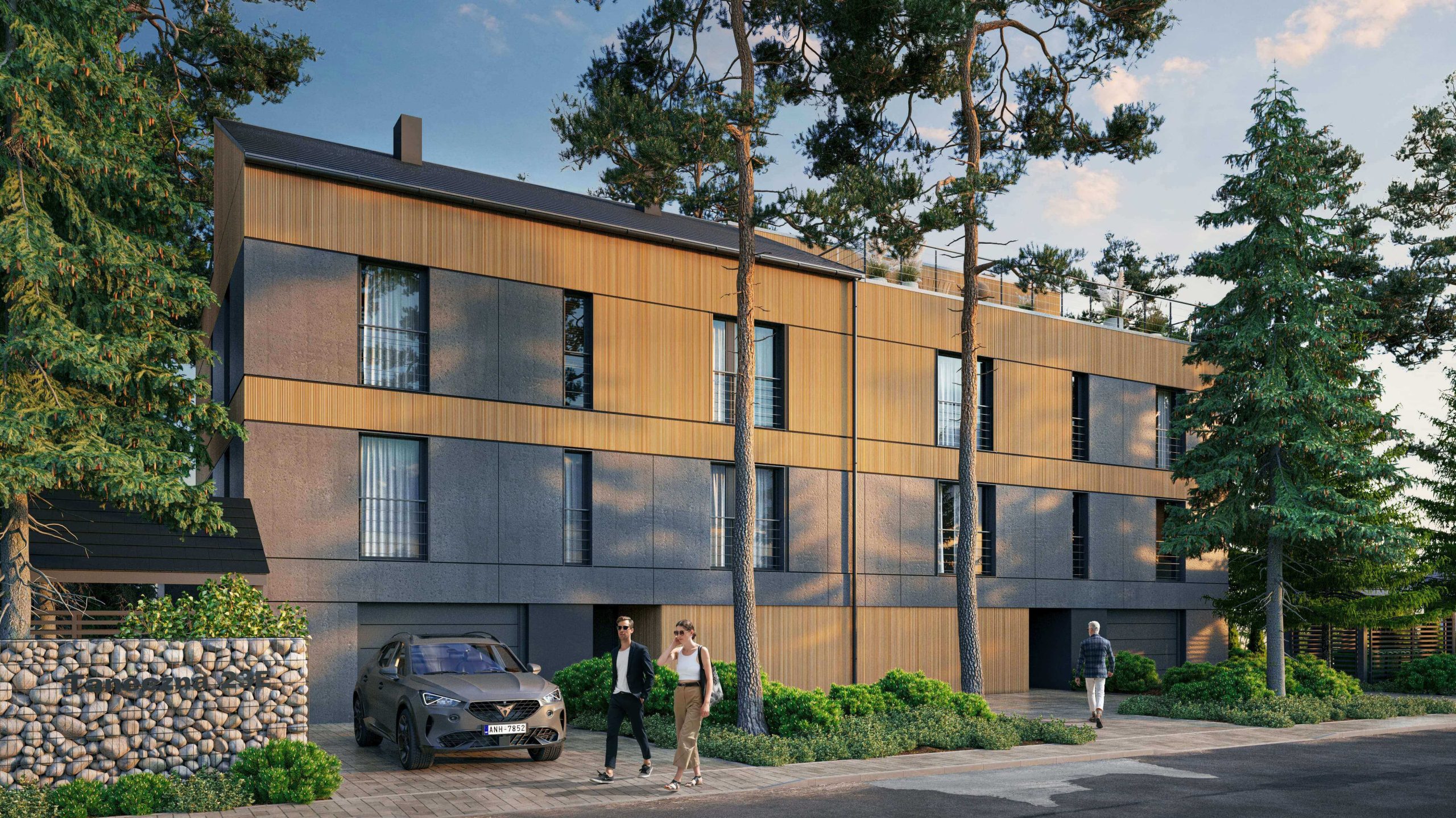 Budynek bliźniaczy z garażami i tarasem na dachu