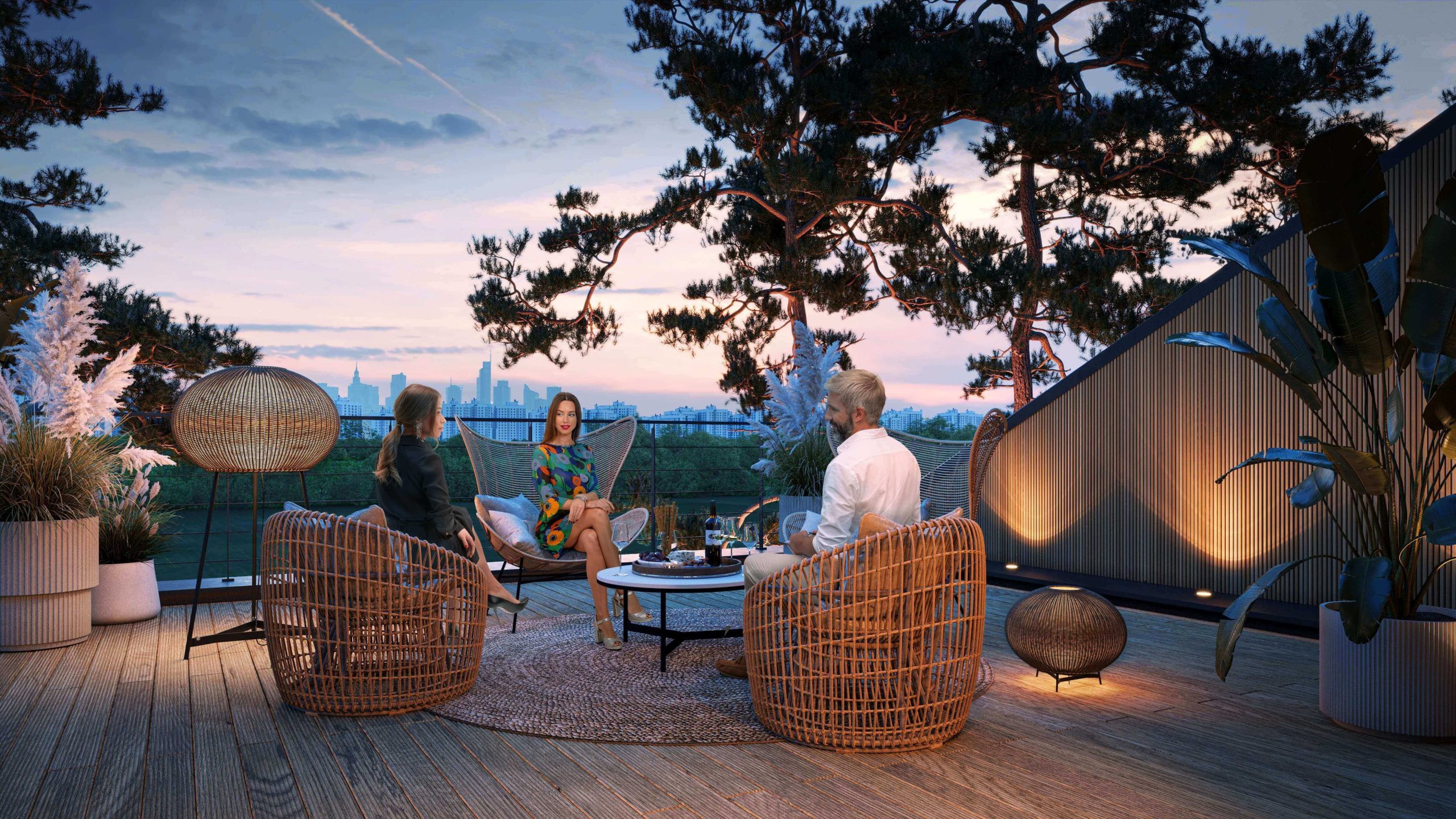 Taras na dachu budynku z klimatycznym oświetleniem, wieczorem.