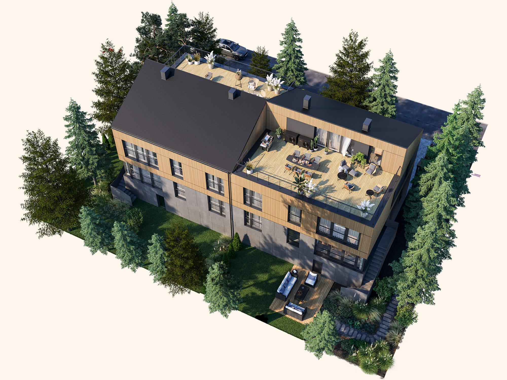 widok 3D budynku bliźniaczego z tarasami na dachu.