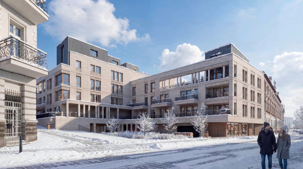 Aranżacja zimowa nowoczesnego budynku wielorodzinnego w centrum miasta.