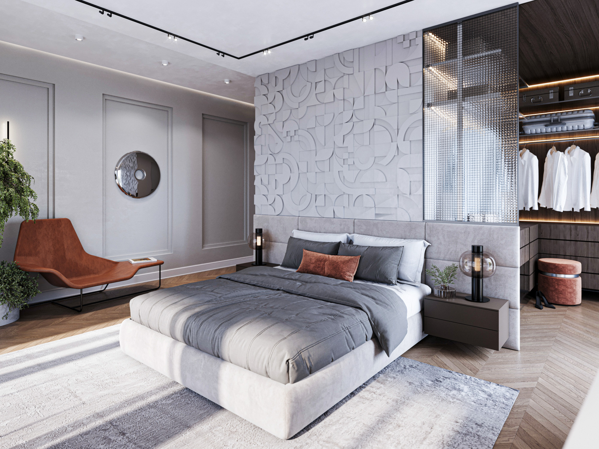 Sypialnia z dużym łóżkiem i garderobą.