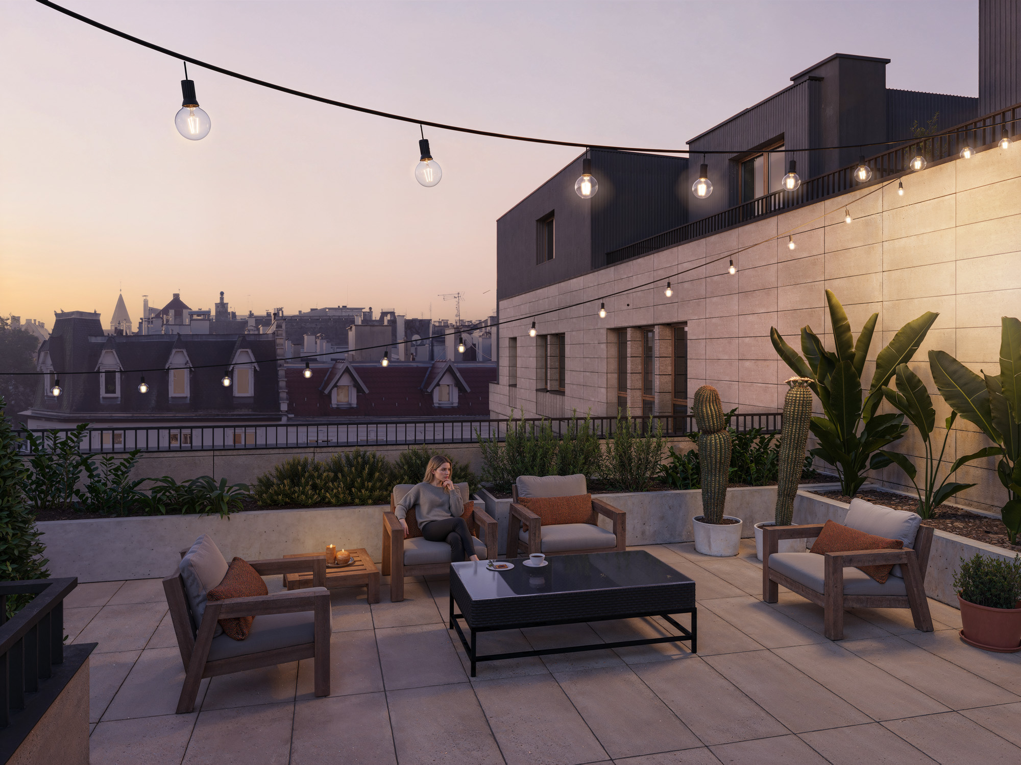 Balkon apartamentu w budynku wielorodzinnym z fotelami i lampkami.