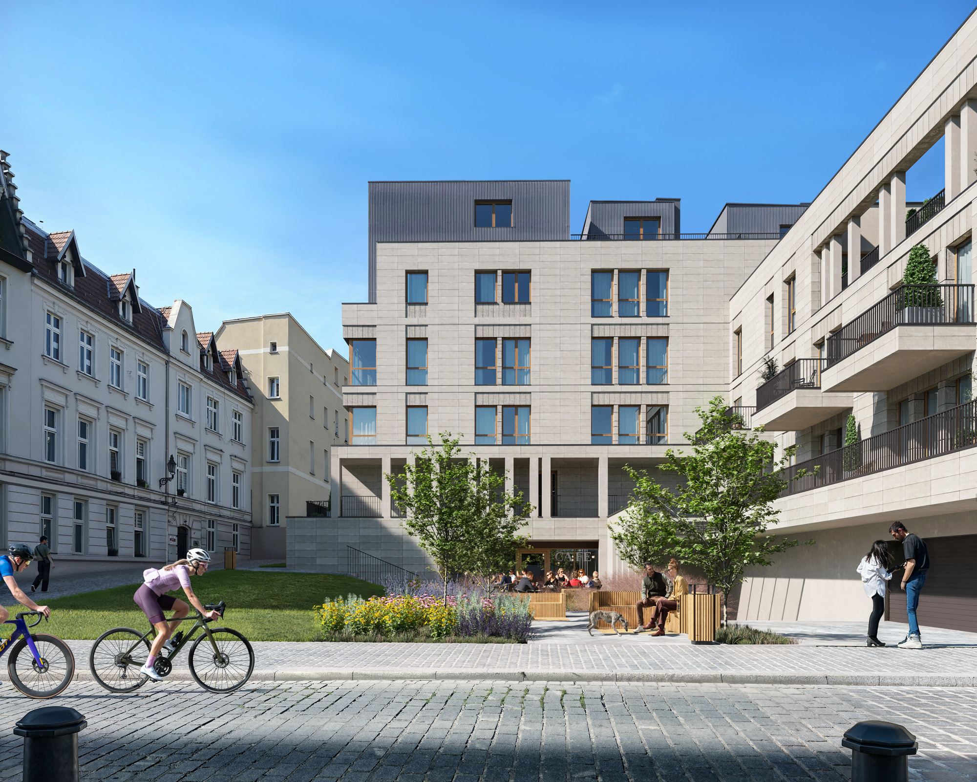 Nowoczesny budynek wielorodzinny w centrum miasta z parkiem .