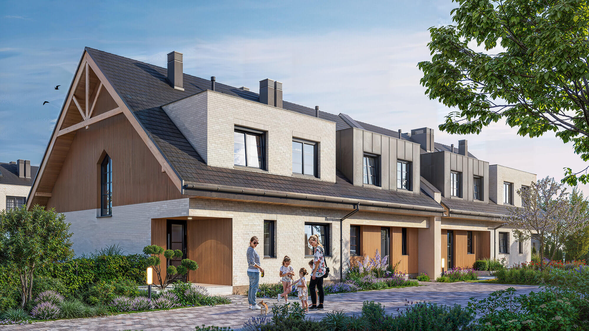 Budynek szeregowy z elewacją z białej cegły i drewnianych desek.