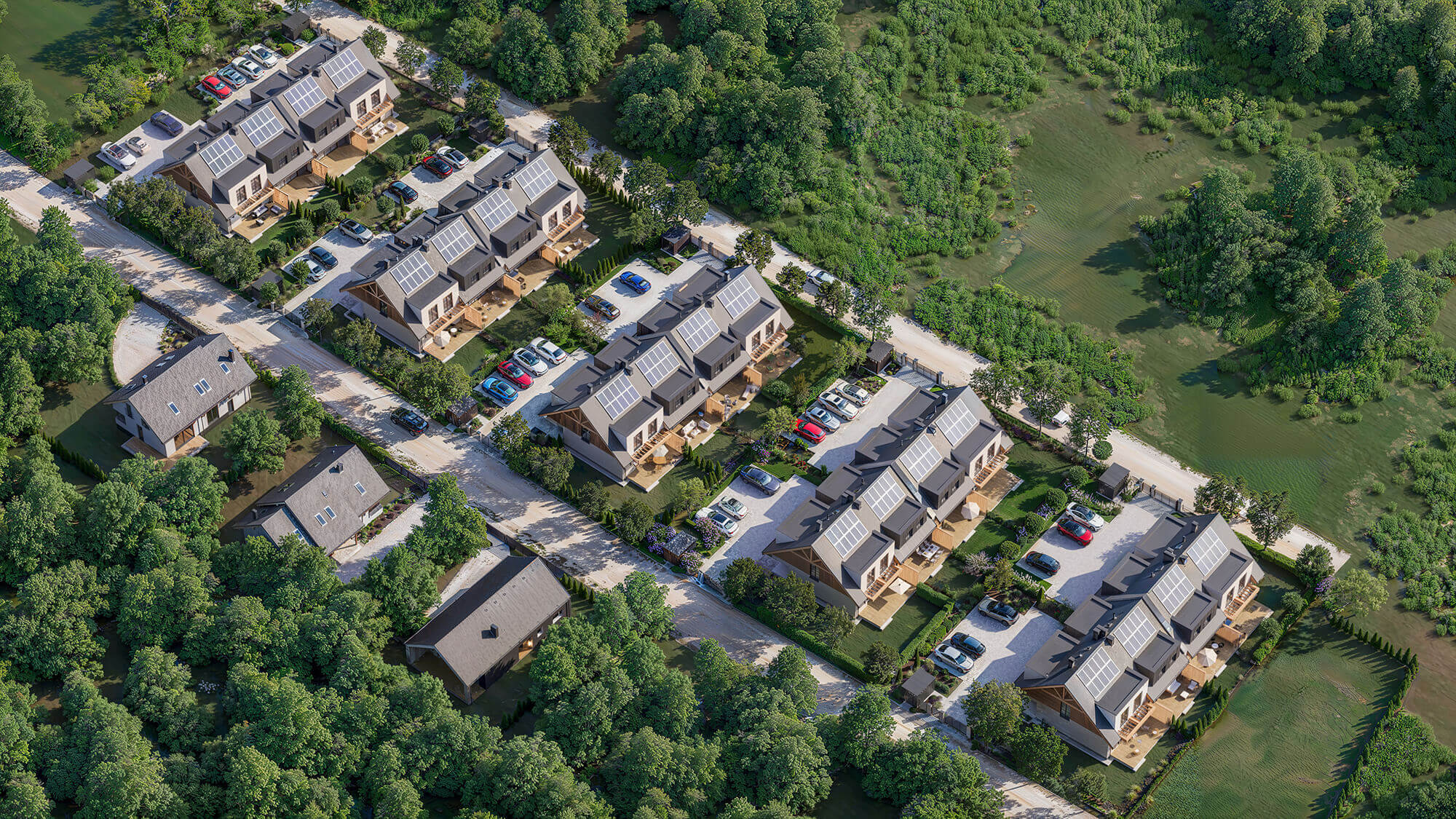 Widok z lotu ptaka na osiedle z zabudową szeregową.