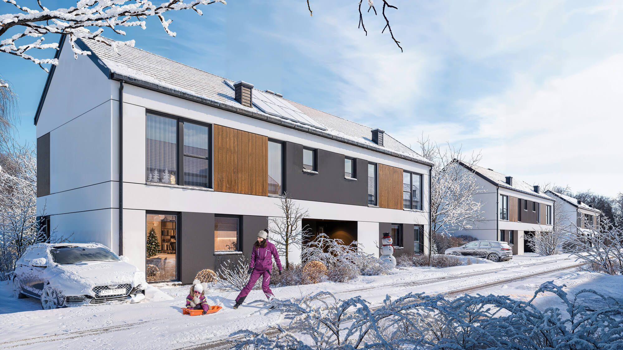 wizualizacje 3D osiedla Hygge Park II — wizualizacja zewnętrzna budynku mieszkalnego aranżacja zimowa