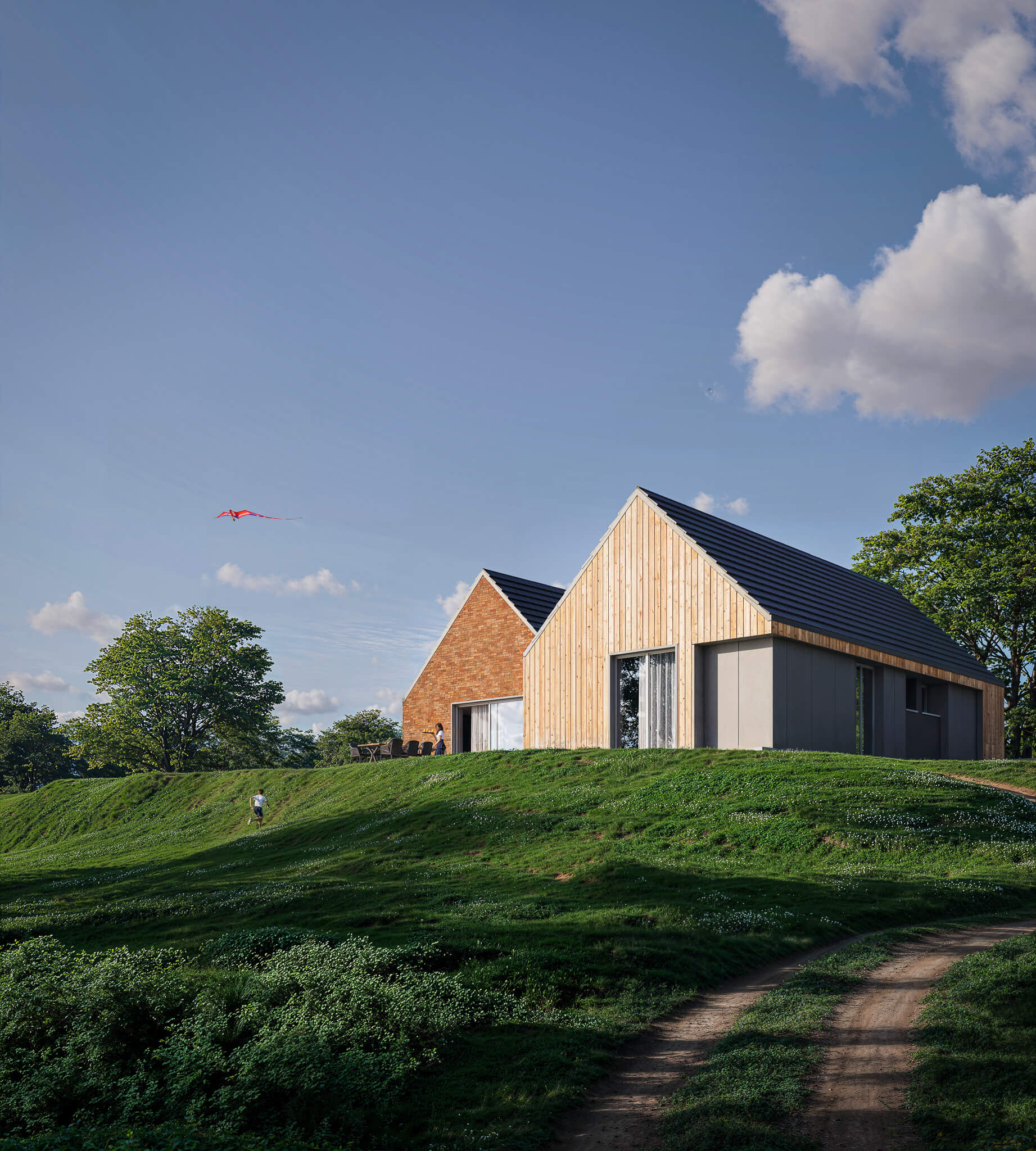 Podjazd do domu jednorodzinnego na zielonej polanie.