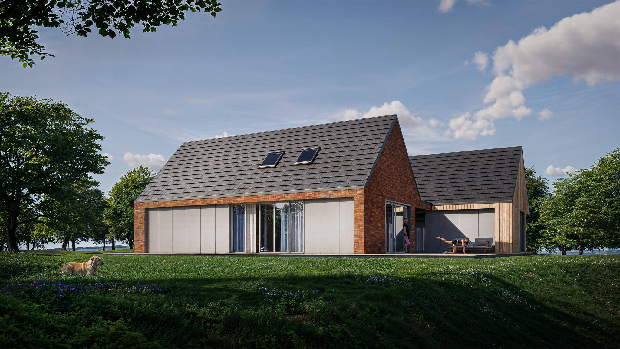 Szeroki taras i ogród nowoczesnego domu jednorodzinnego.