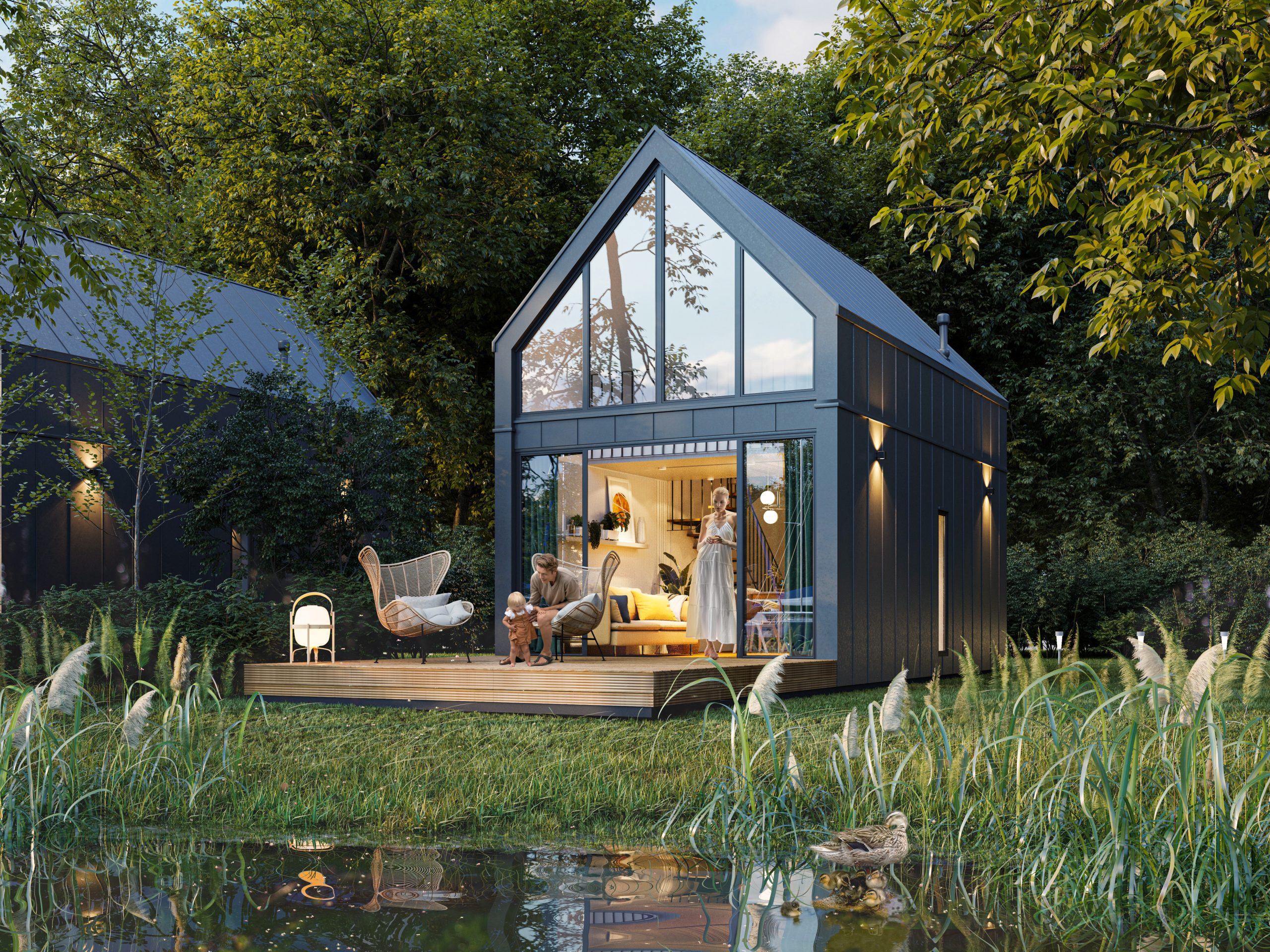 Domek wypoczynkowy z dużymi oknami i drewnianym tarasem przy jeziorze.