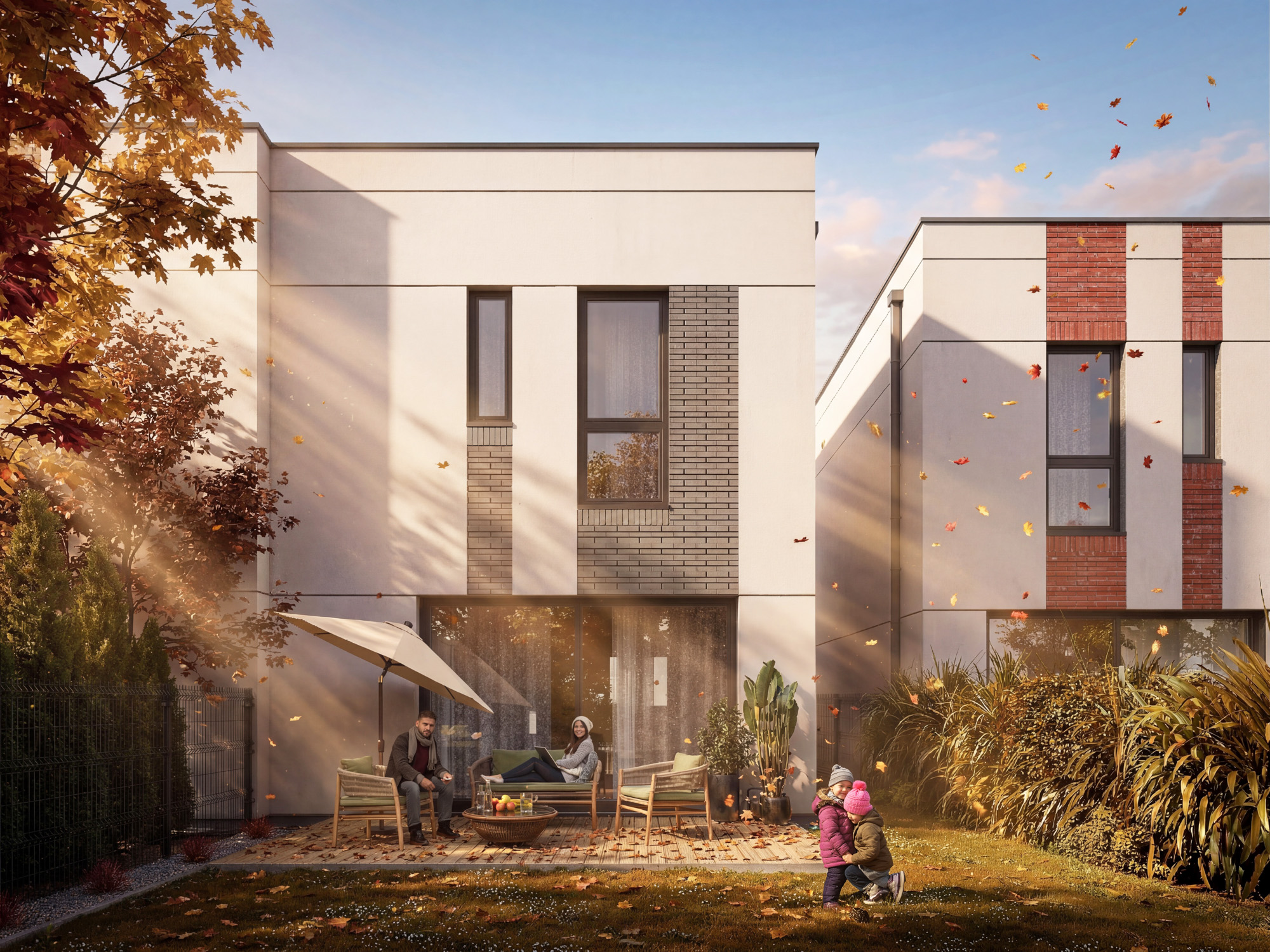 wizualizacje architektoniczne 3D —elewacja budynku i ogród jesienią