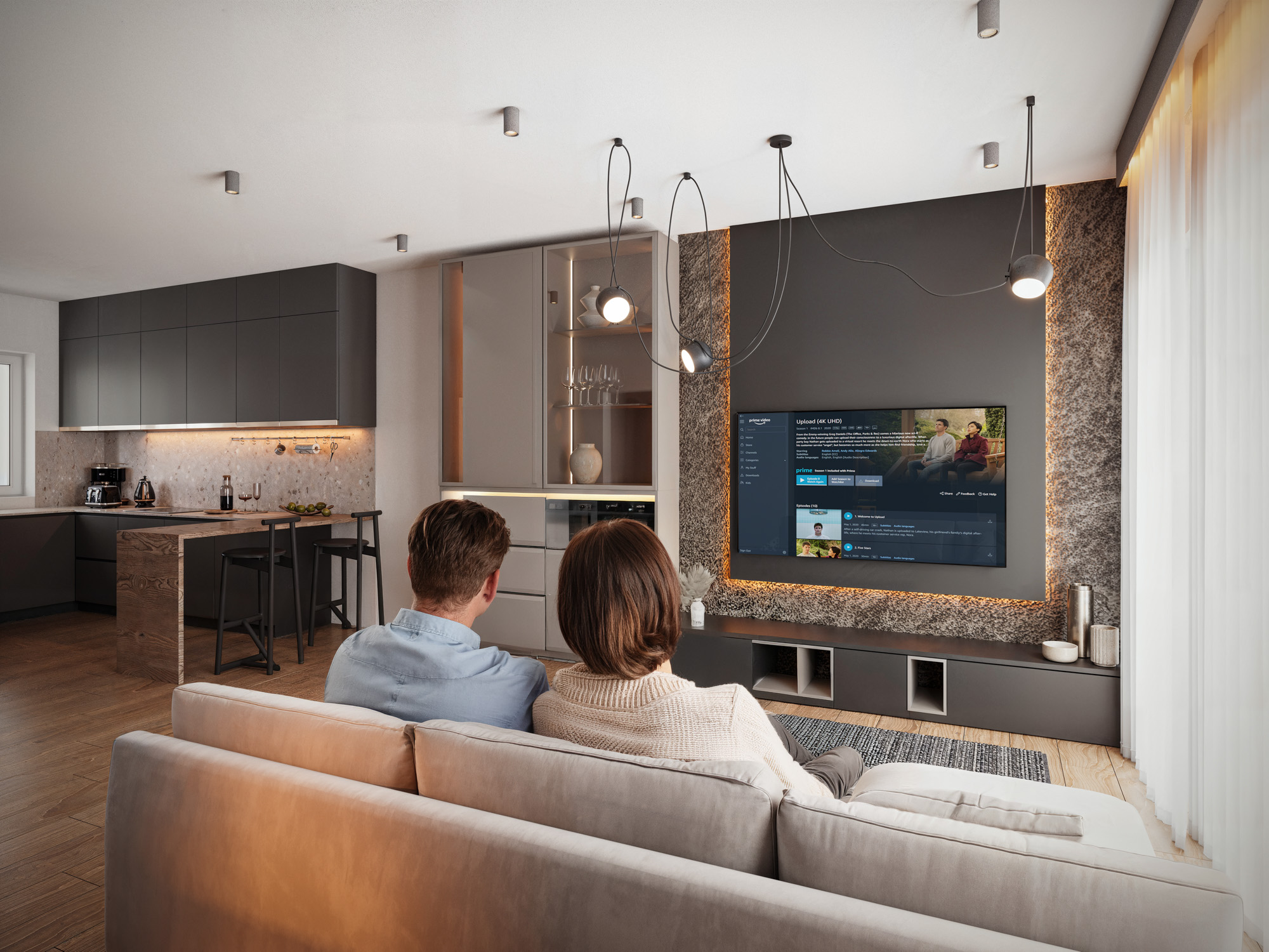 wizualizacje wnetrz 3D — salon apartamentu deweloperskiego