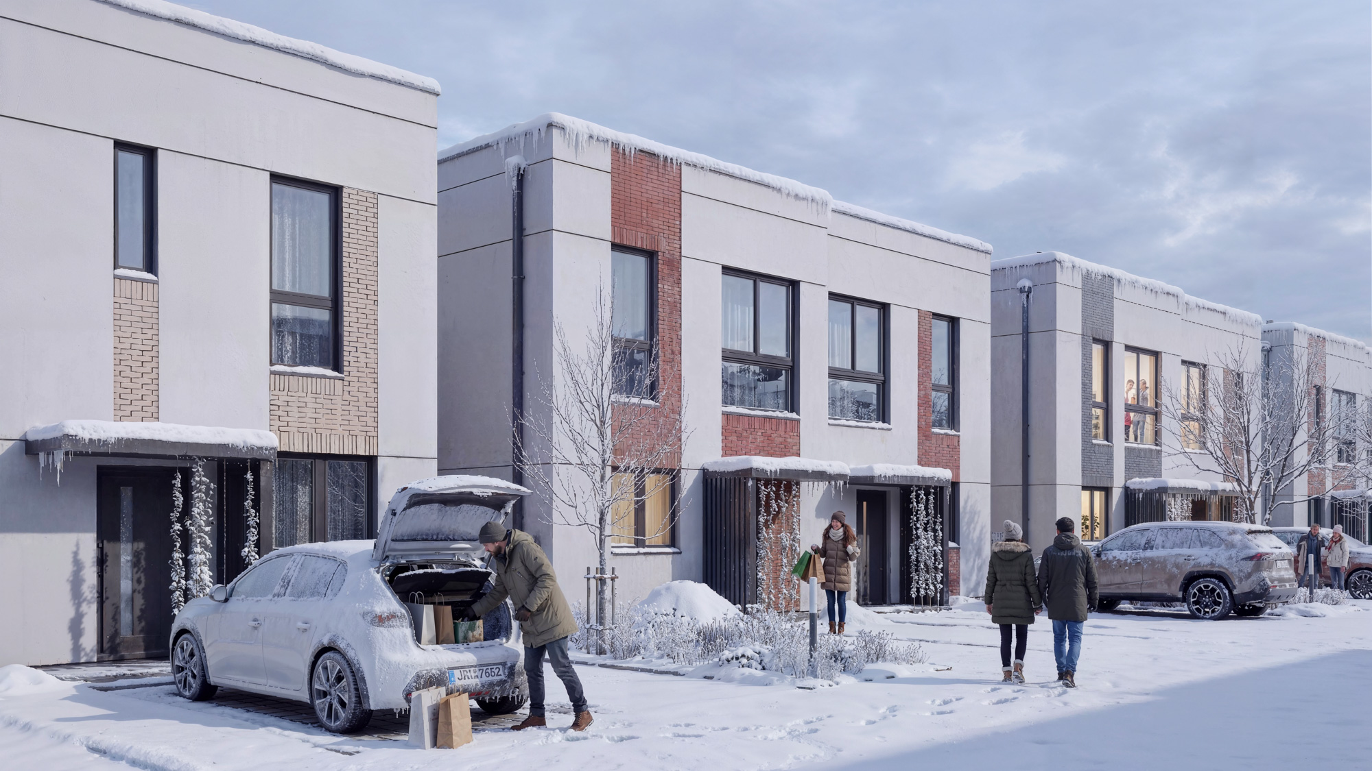 wizualizacje architektoniczne 3D —elewacja budynku zimą