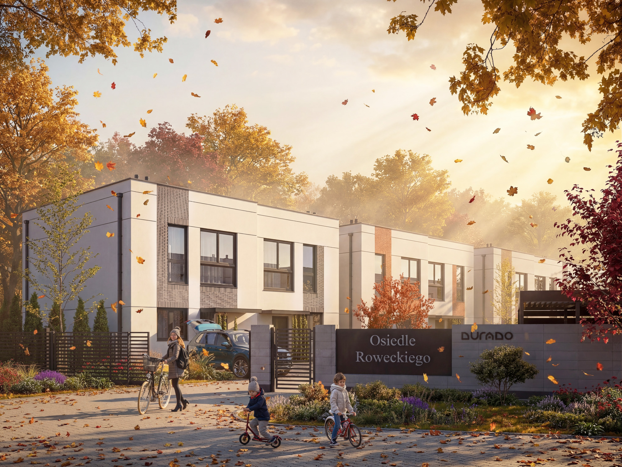 wizualizacje architektoniczne 3D —wjazd do osiedla z zabudową bliźniaczą jesienią