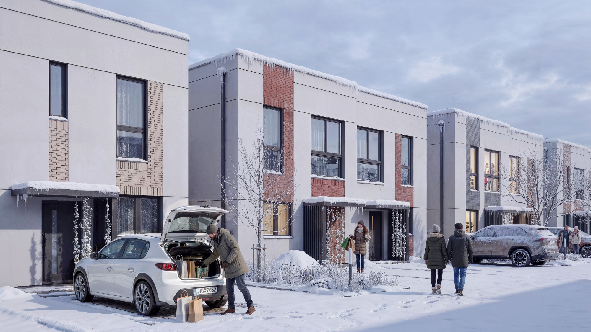 wizualizacje architektoniczne 3D —elewacja budynku zimą