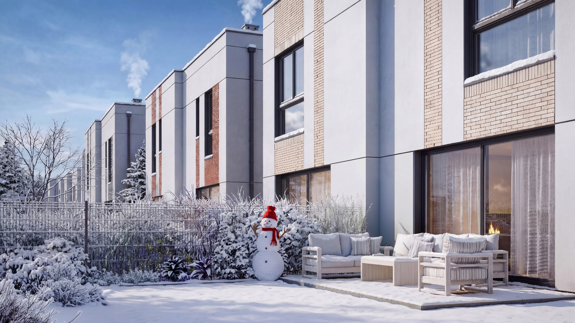 wizualizacje architektoniczne 3D —elewacja budynku zimą