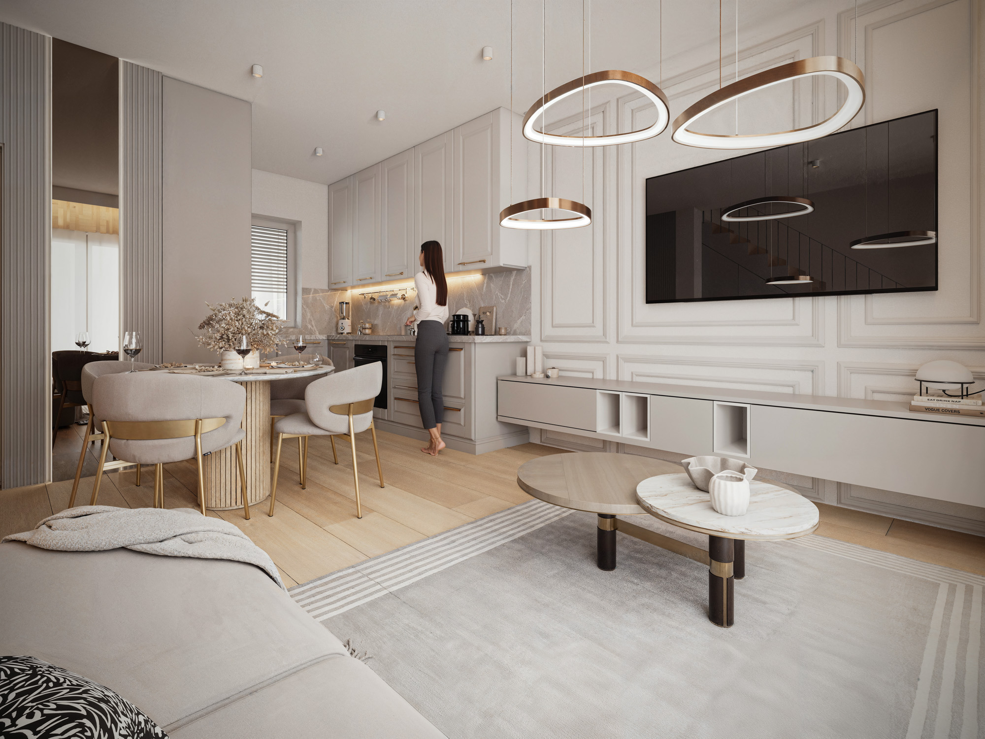 wizualizacje wnetrz 3D — salon z jadalnią apartamentu deweloperskiego