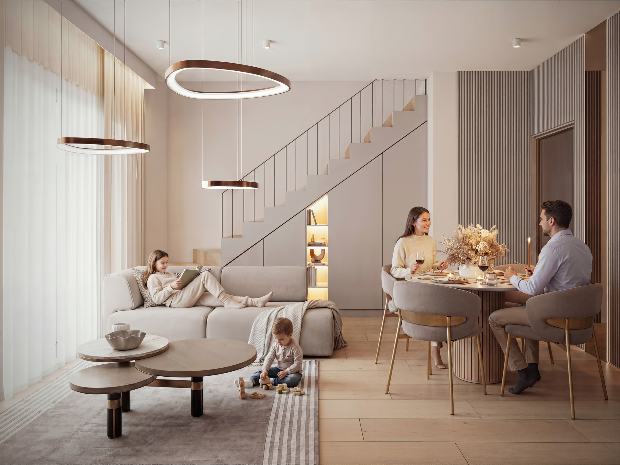 wizualizacje wnetrz 3D — salon z jadalnią apartamentu deweloperskiego