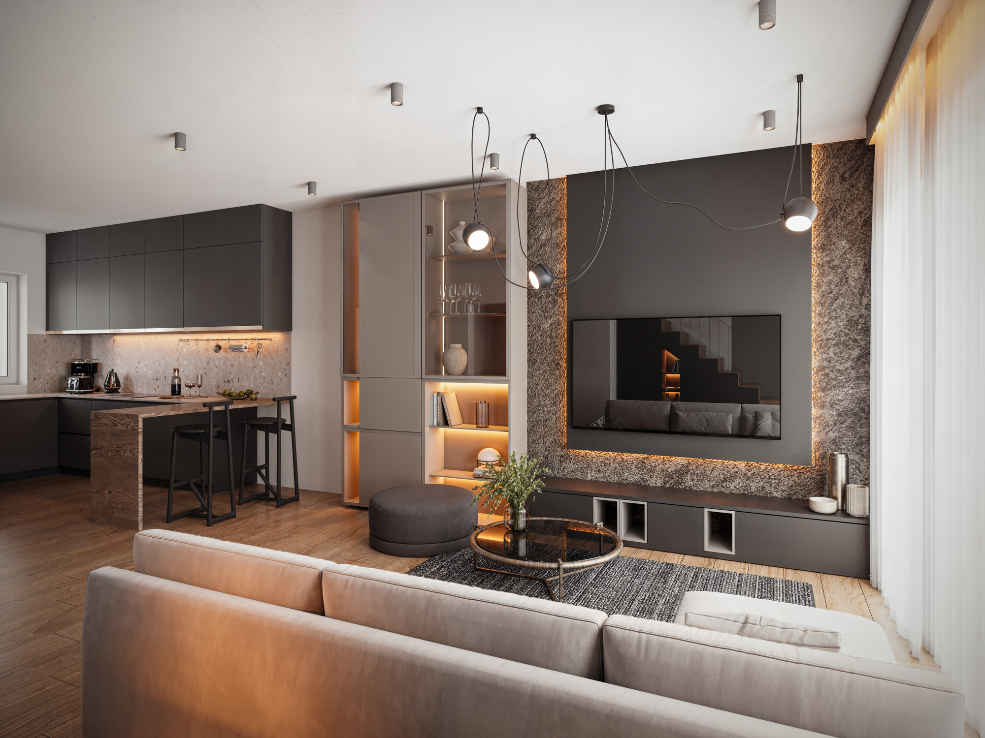 wizualizacje wnętrz 3D — salon apartamentu deweloperskiego