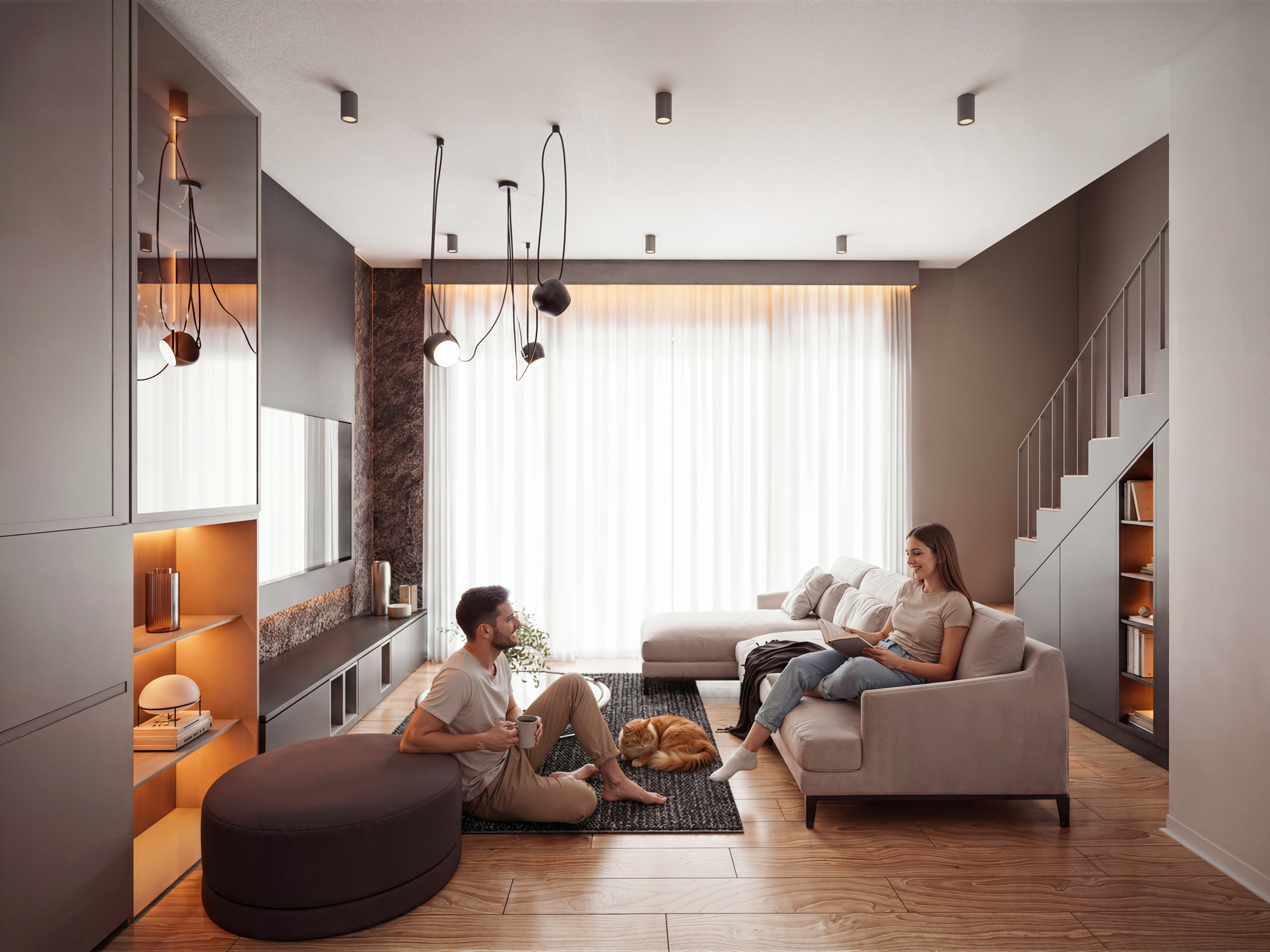 wizualizacje wnętrz 3D — salon apartamentu deweloperskiego