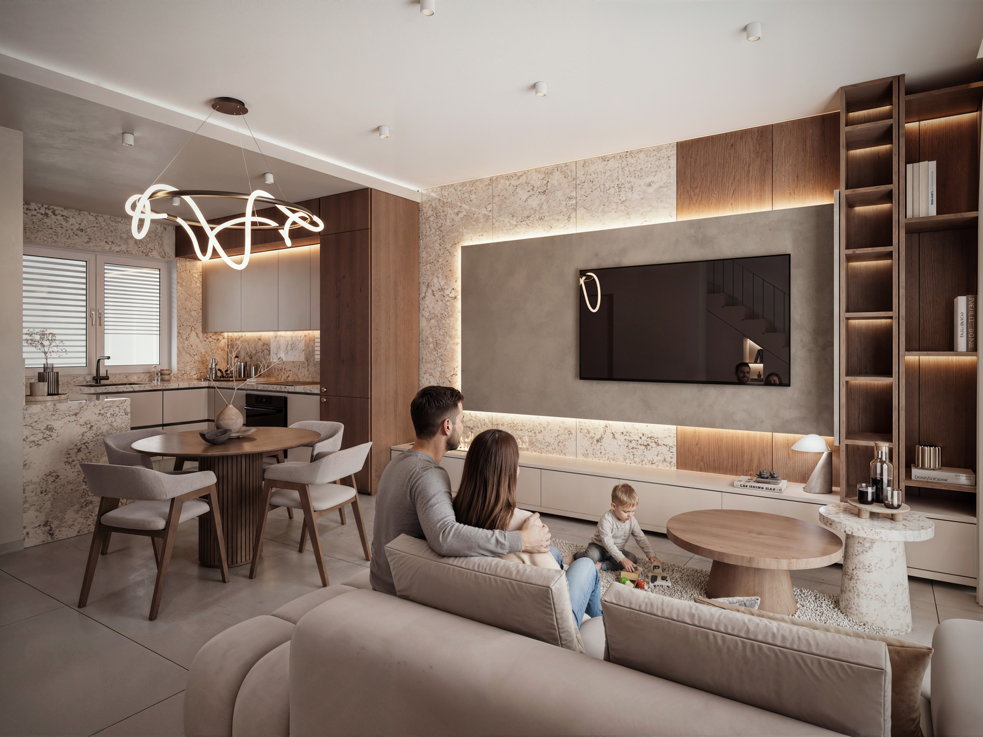 wizualizacje wnętrz 3D — salon apartamentu deweloperskiego