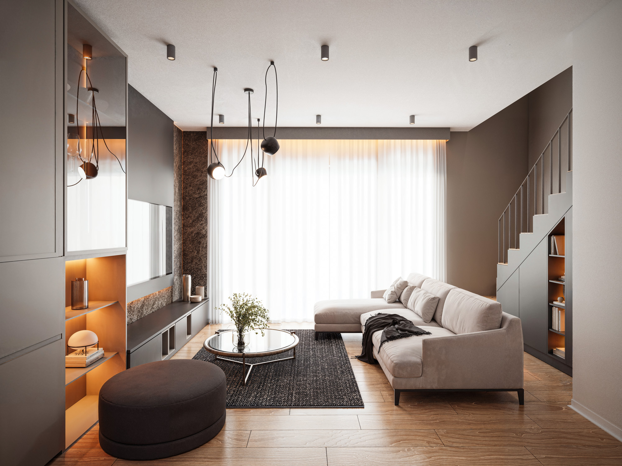 wizualizacje wnętrz 3D — salon apartamentu deweloperskiego