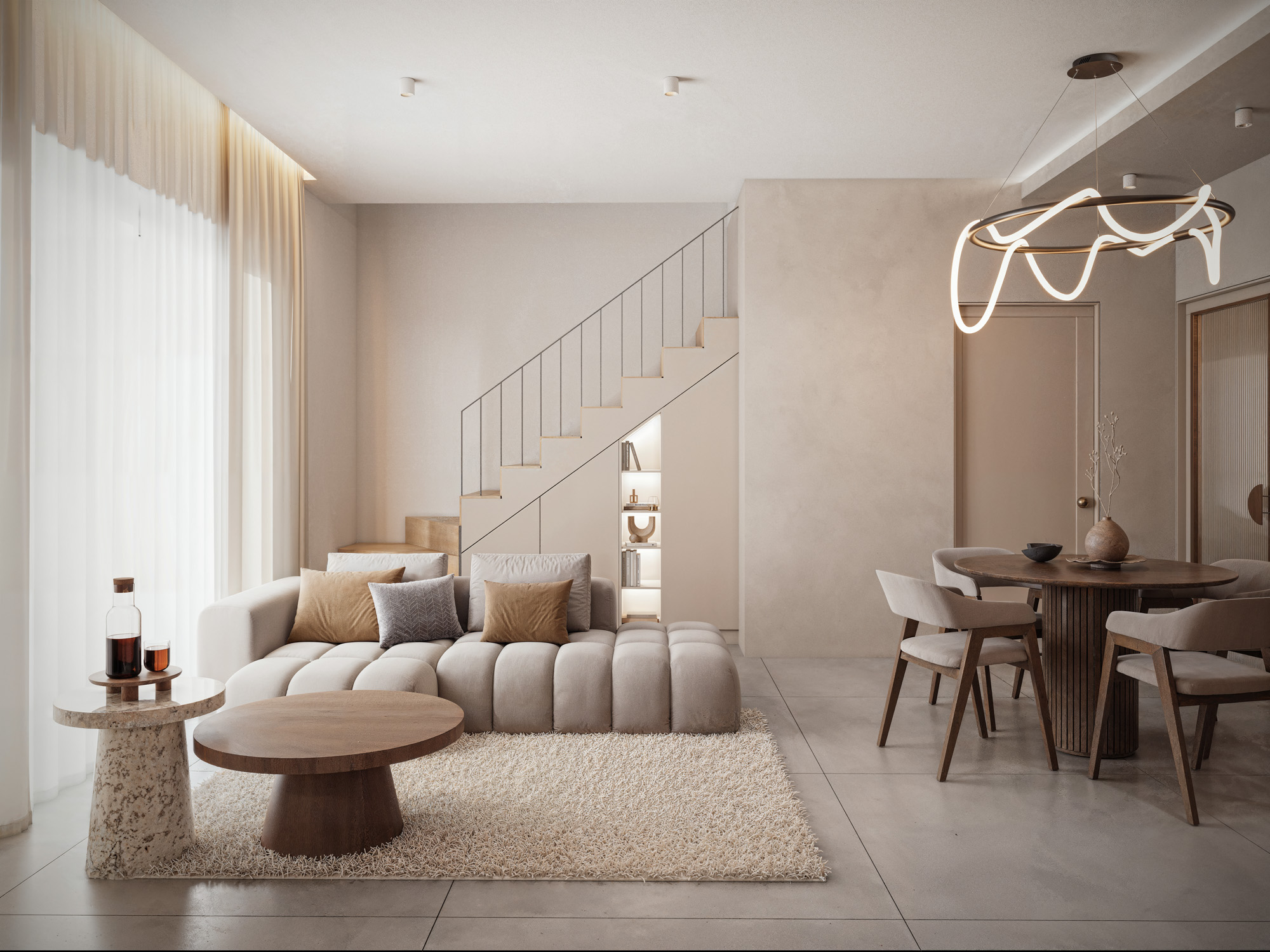 wizualizacje wnętrz 3D — salon apartamentu deweloperskiego