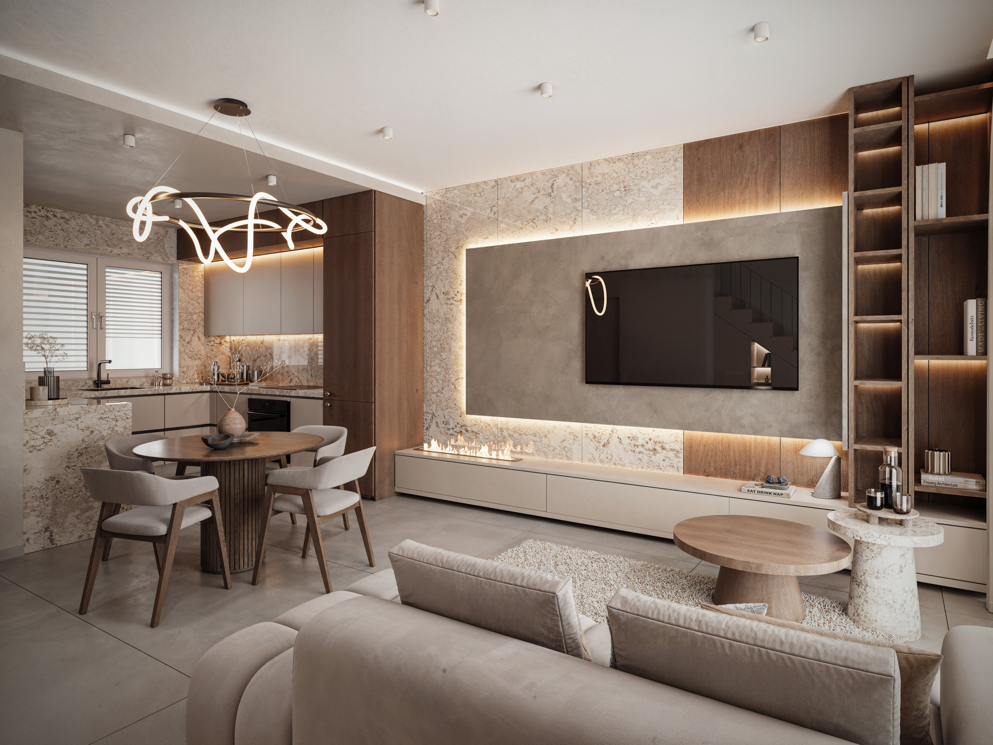 wizualizacje wnętrz 3D — salon apartamentu deweloperskiego