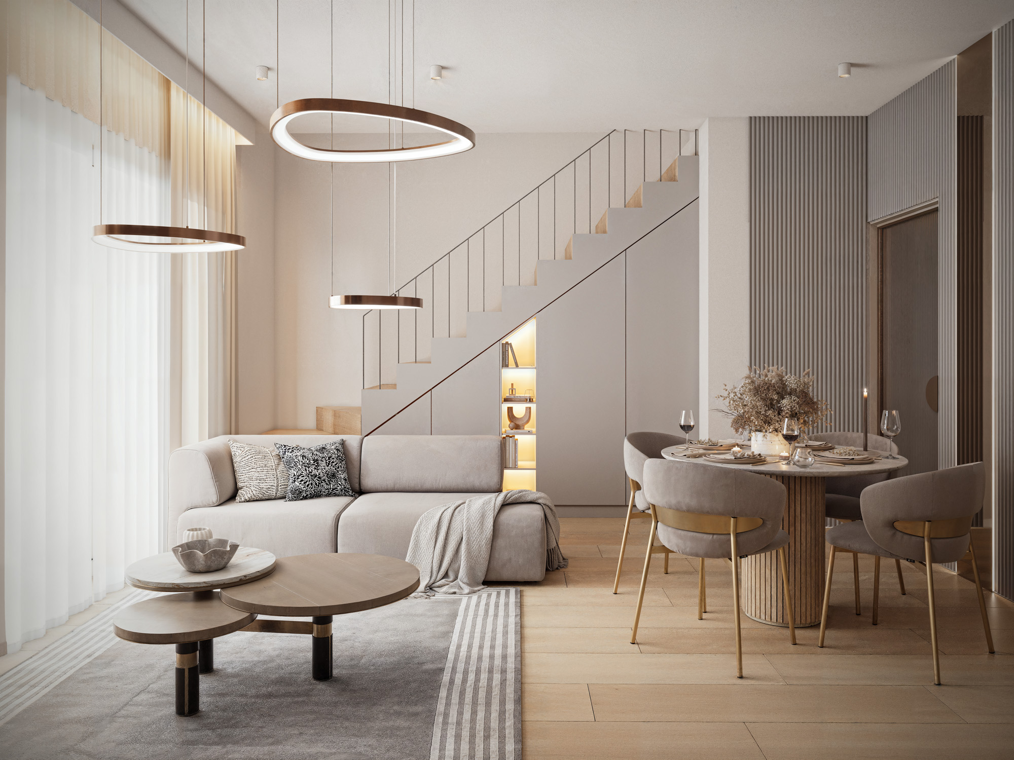 wizualizacje wnętrz 3D — salon apartamentu deweloperskiego