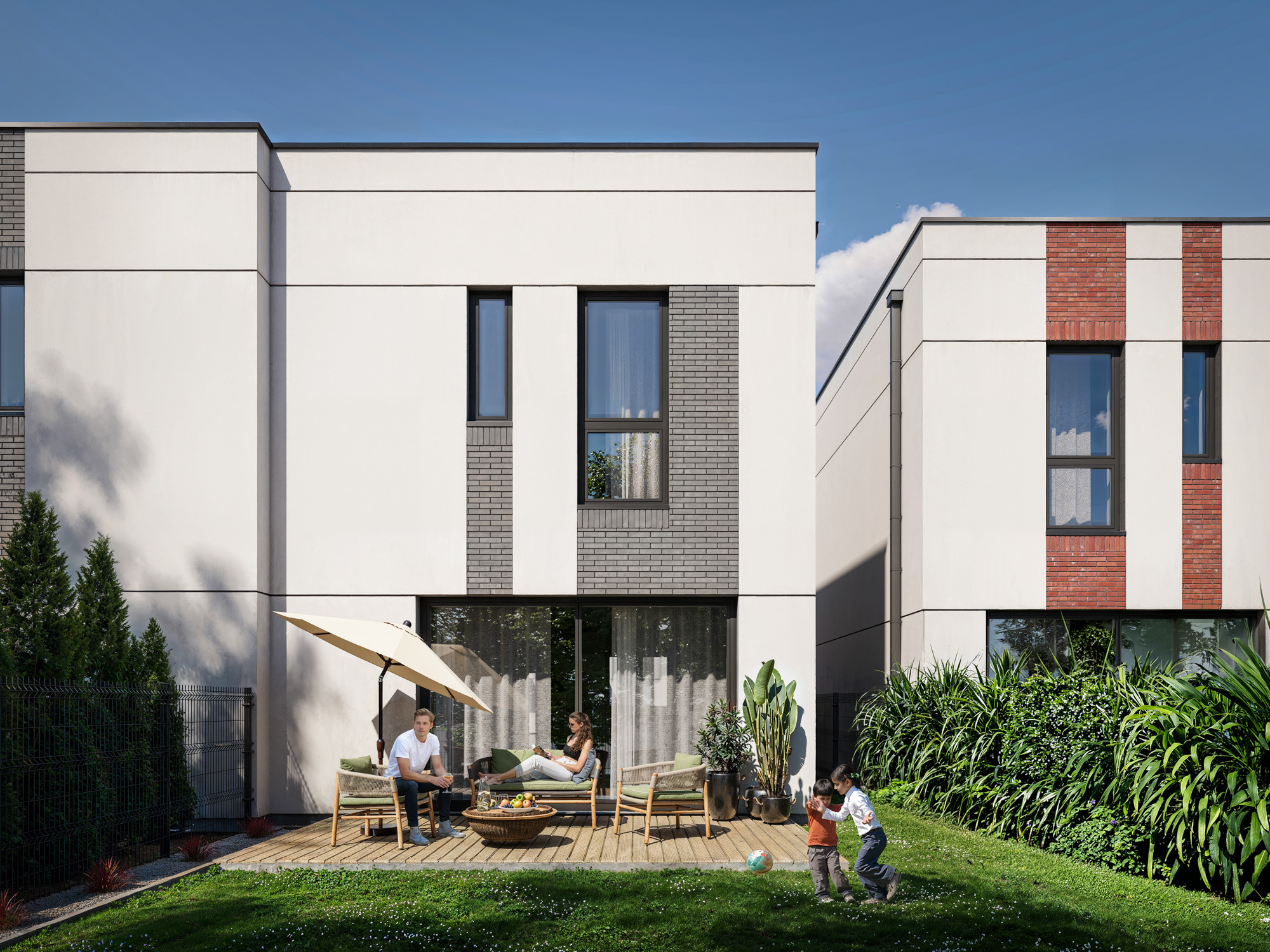 wizualizacje architektoniczne 3D — elewacja budynku z widokiem na taras