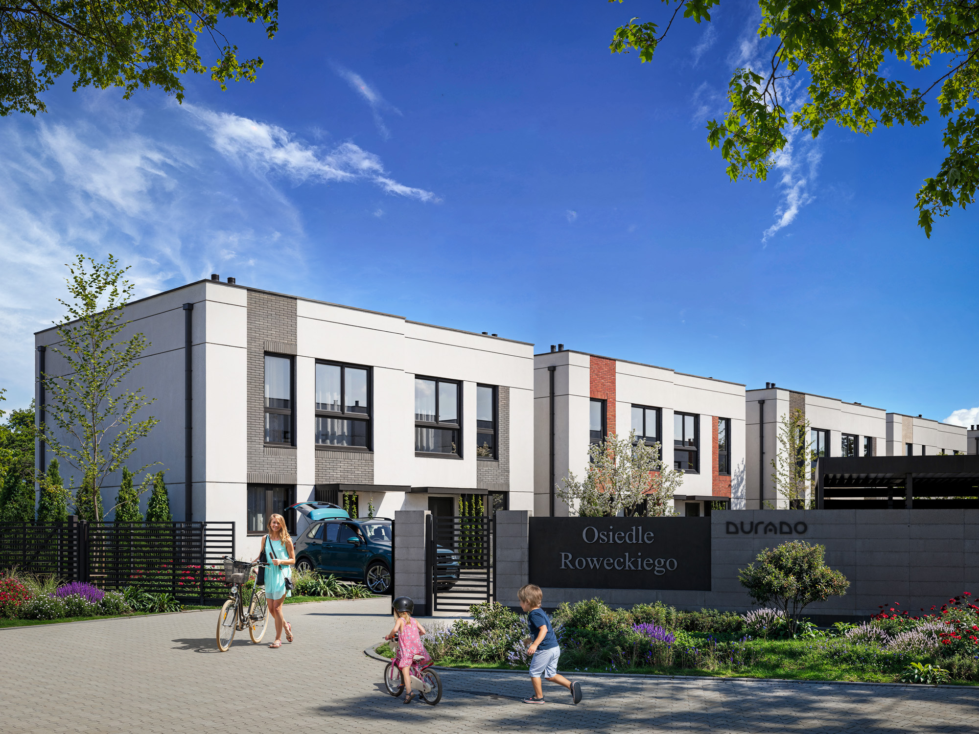 wizualizacje architektoniczne 3D —wjazd do osiedla z zabudową bliźniaczą