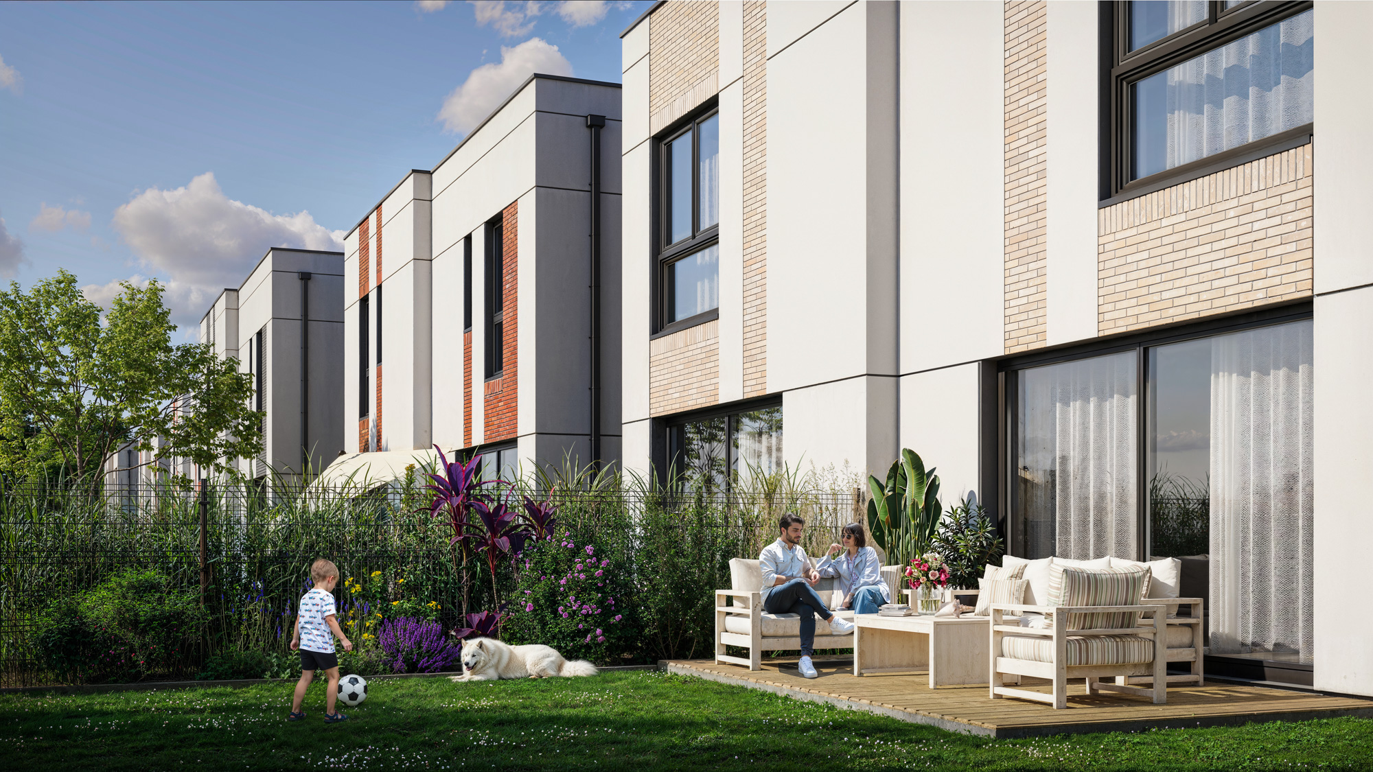 wizualizacje architektoniczne 3D — elewacja budynku z widokiem na ogród