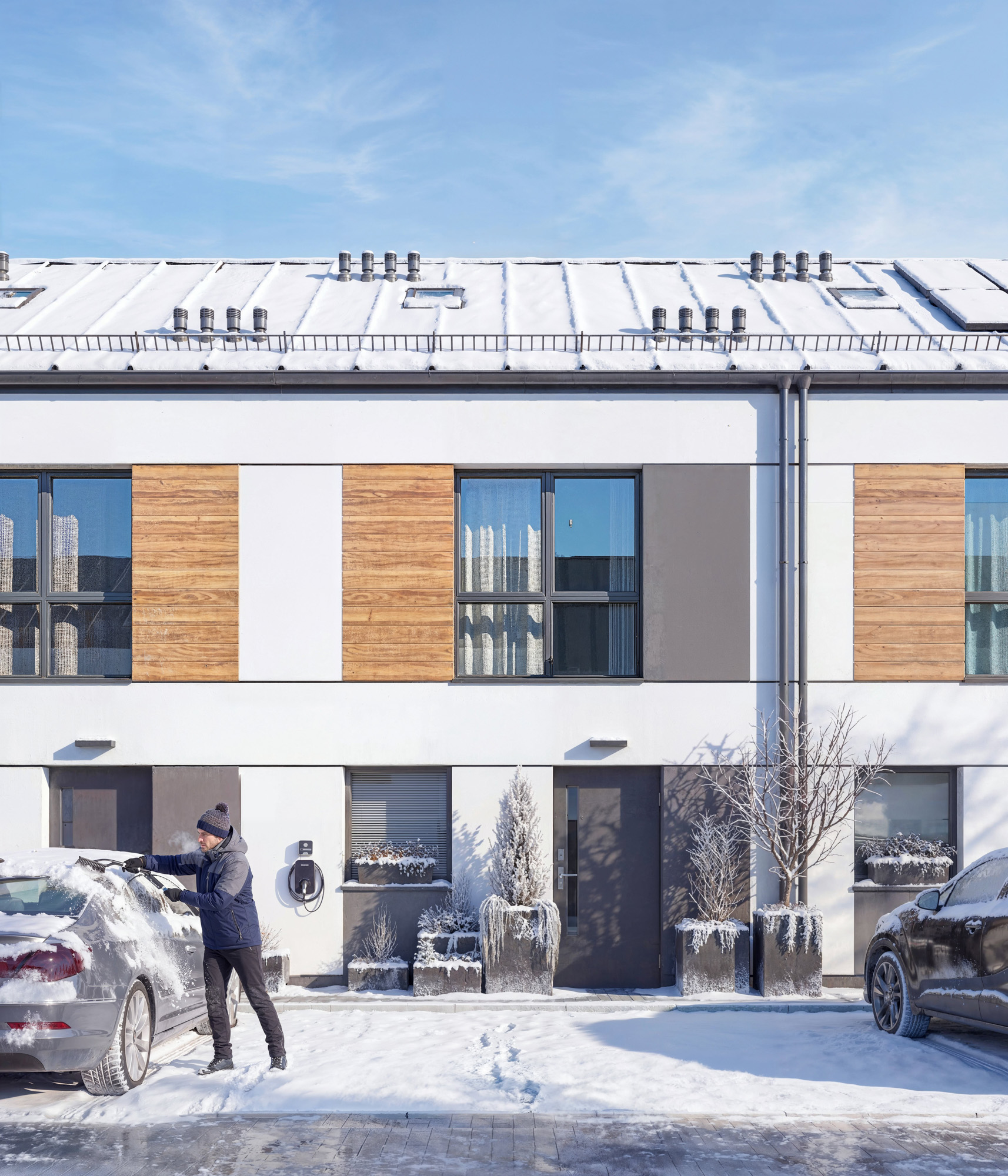 wizualizacje architektoniczne 3D — elewacja budynku szeregowego zimą