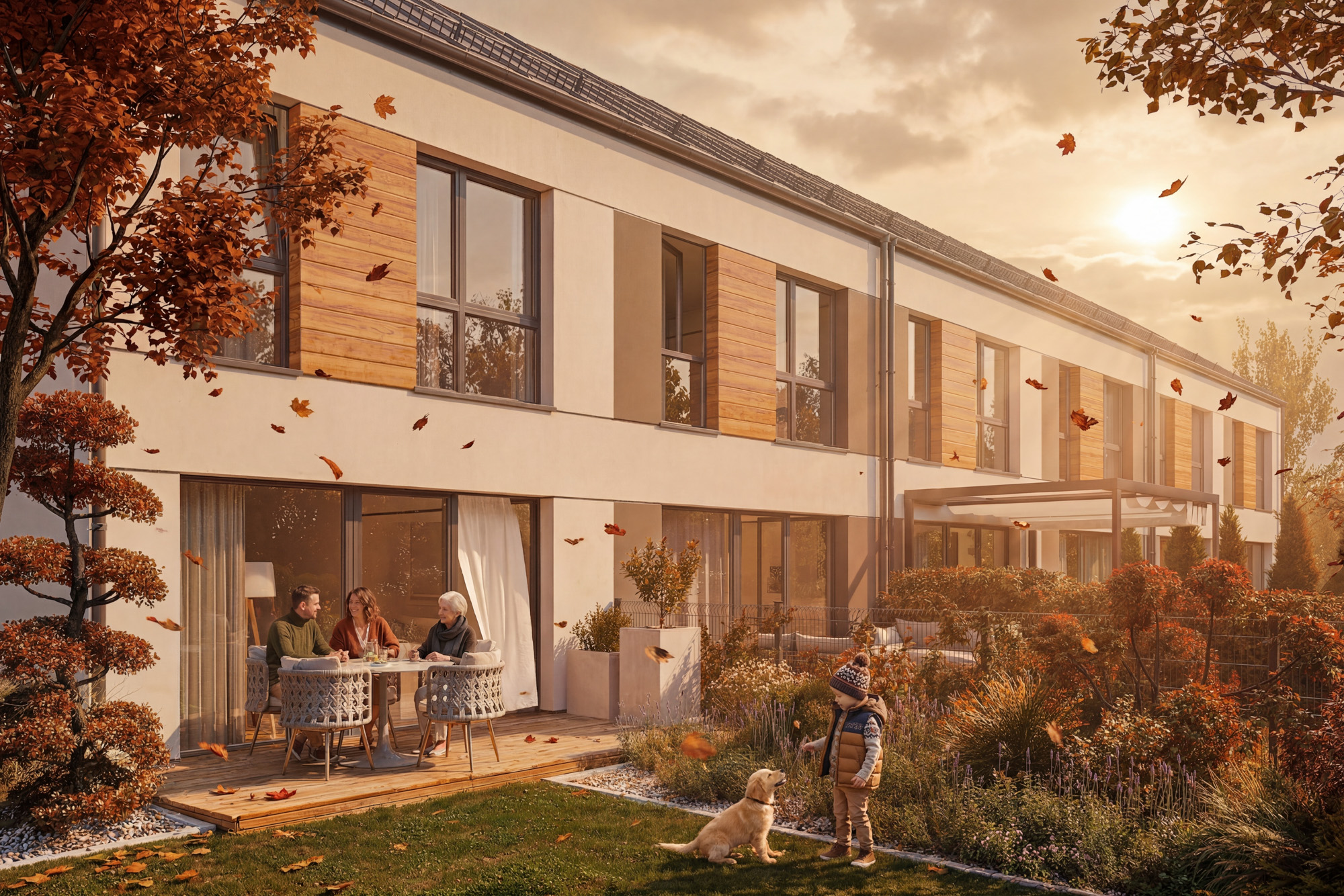 wizualizacje architektoniczne 3D — elewacja budynku szeregowego z ogrodem jesianią