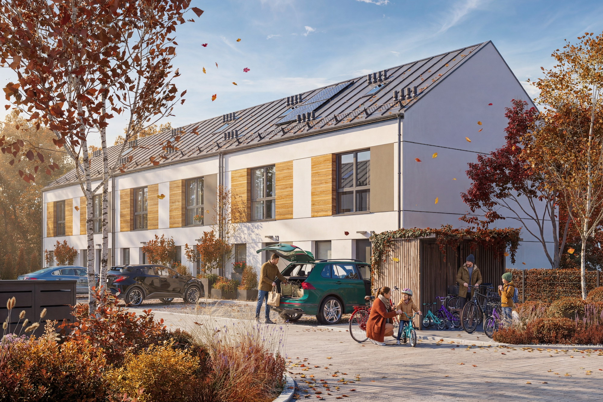 wizualizacje architektoniczne 3D — elewacja budynku szeregowego jesienią