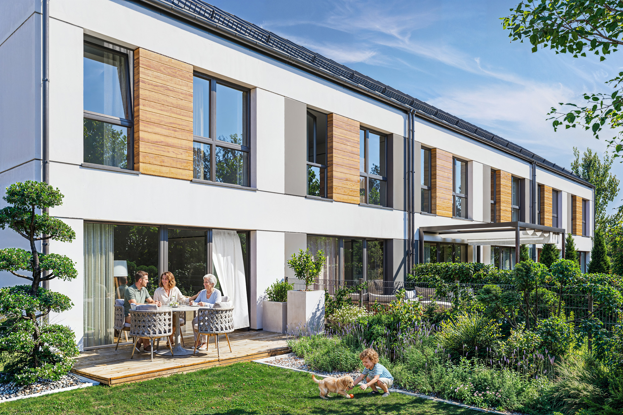 wizualizacje architektoniczne 3D — elewacja budynku szeregowego z ogrodem