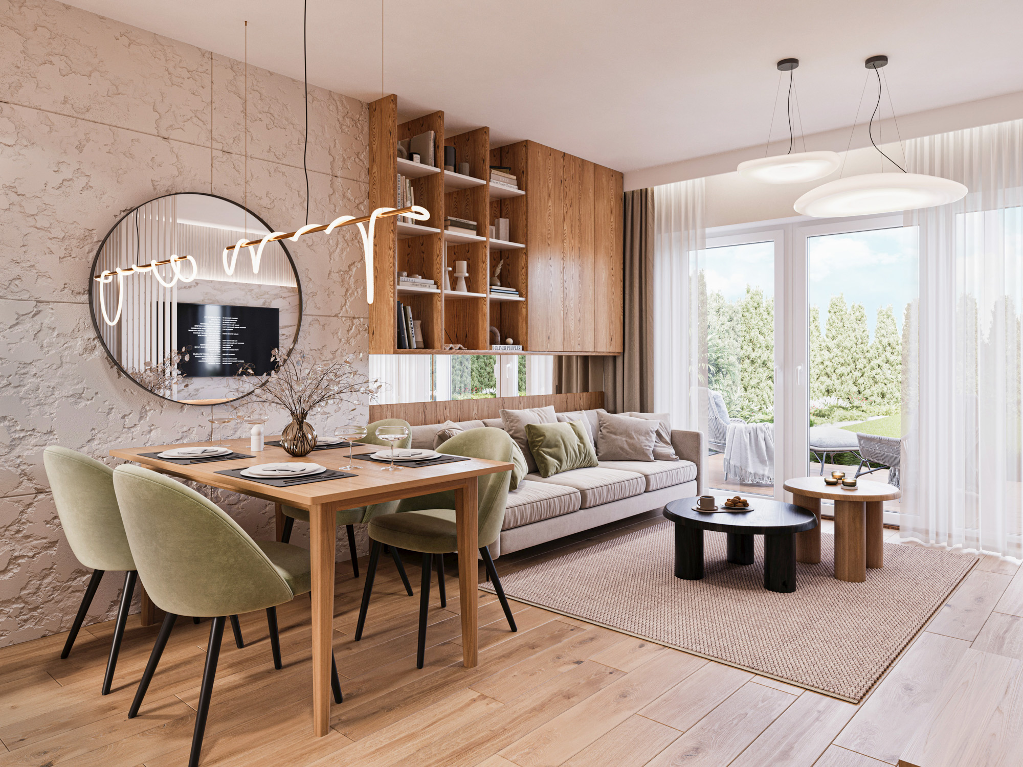 wizualizacje wnętrz 3D — salon z jadalnią apartamentu deweloperskiego