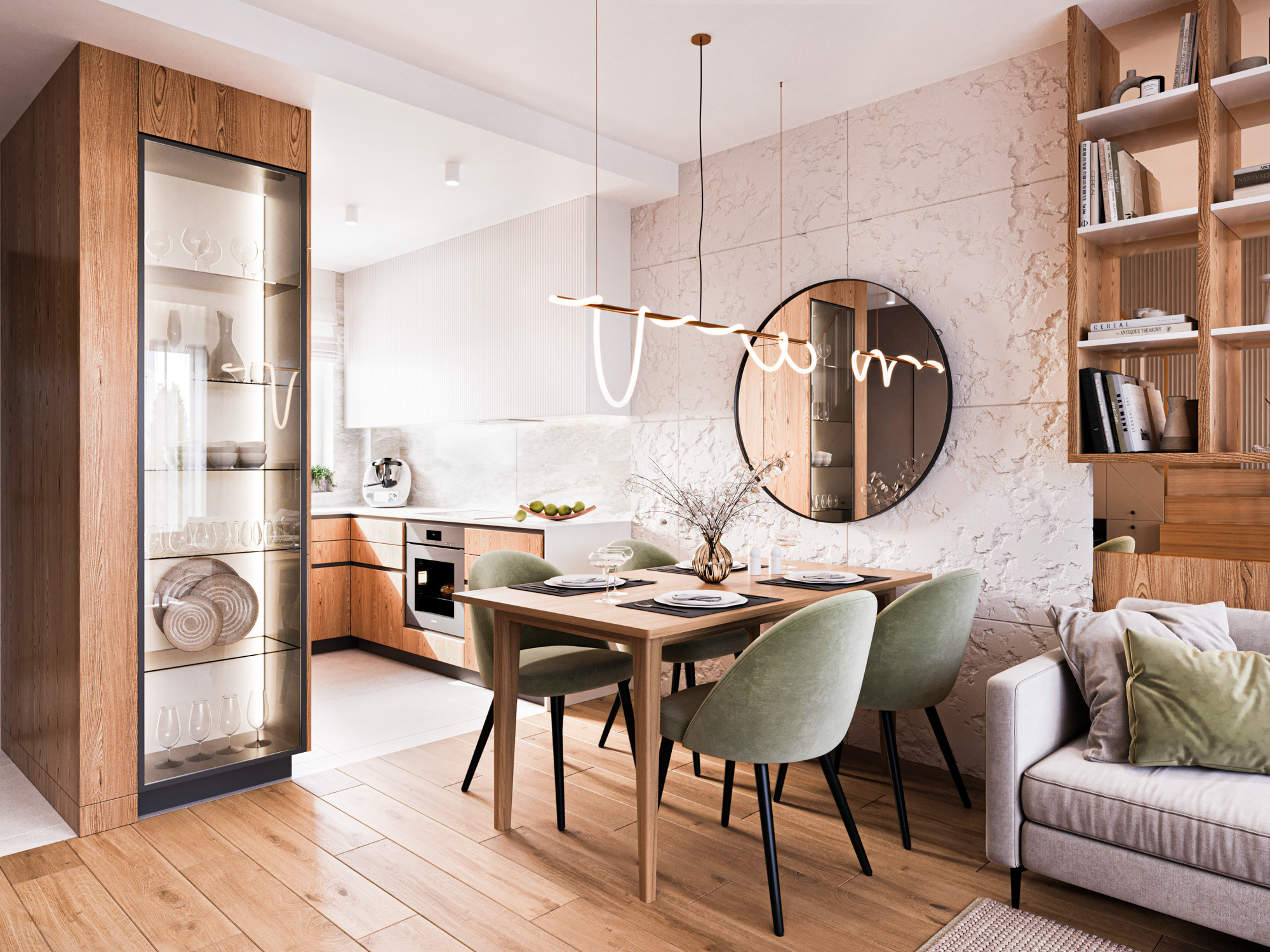 wizualizacje wnętrz 3D — kuchnia z jadlnią apartamentu deweloperskiego