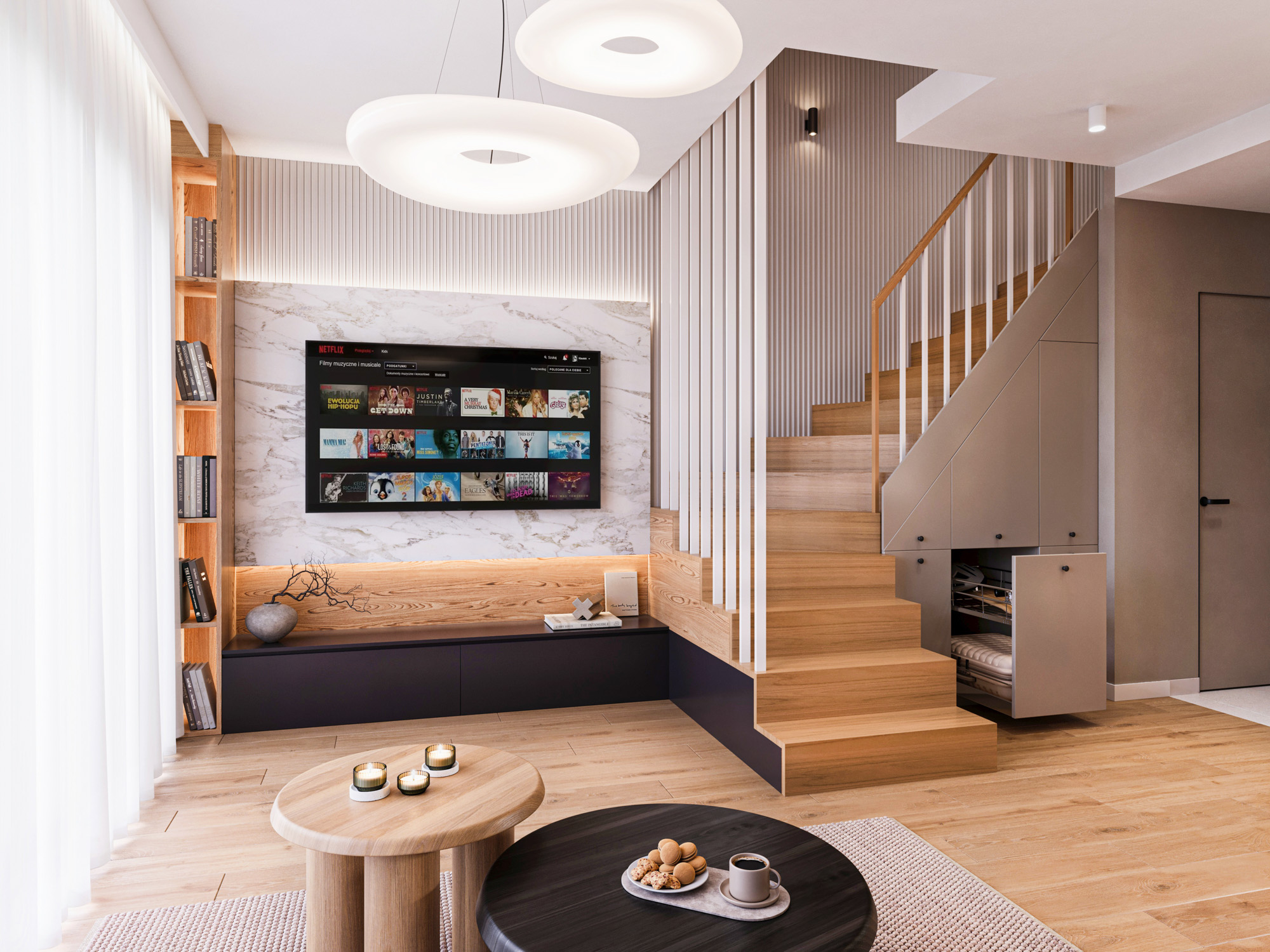 wizualizacje wnętrz 3D — salon apartamentu deweloperskiego