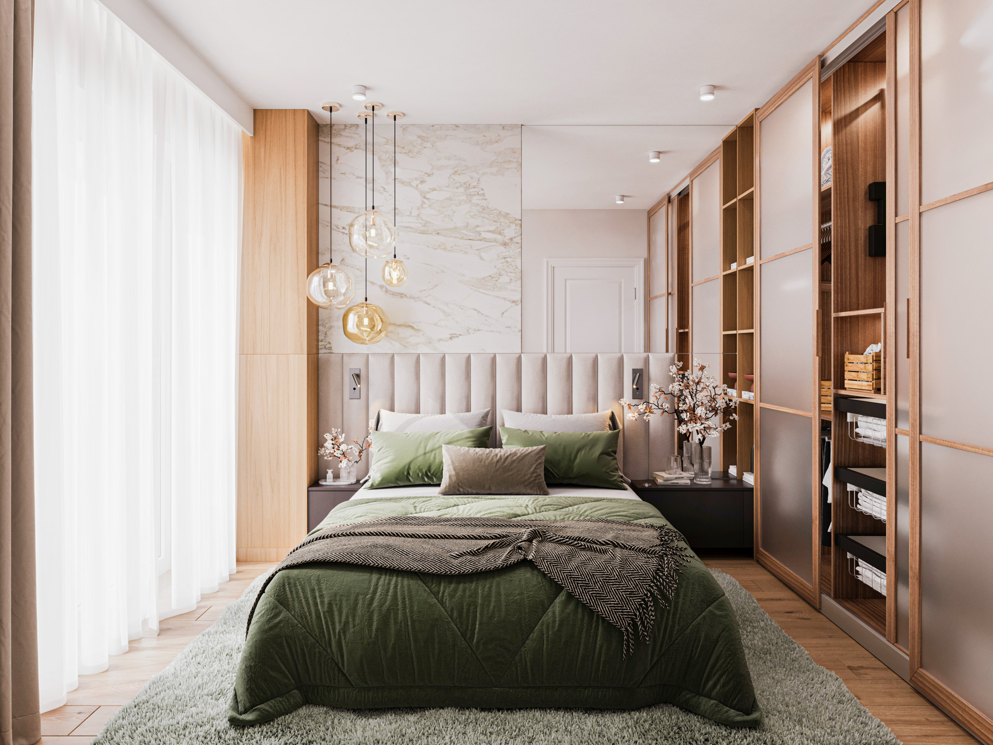 wizualizacje wnętrz 3D — sypialnia apartamentu deweloperskiego