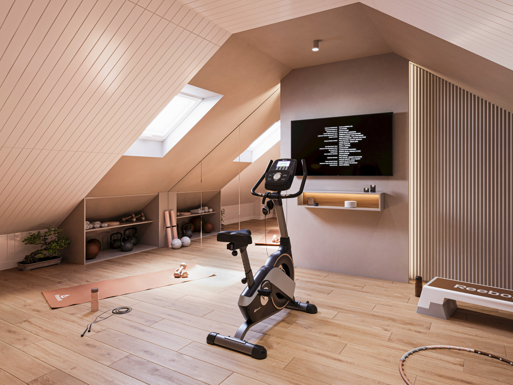 wizualizacje wnętrz 3D — poddasze apartamentu deweloperskiego