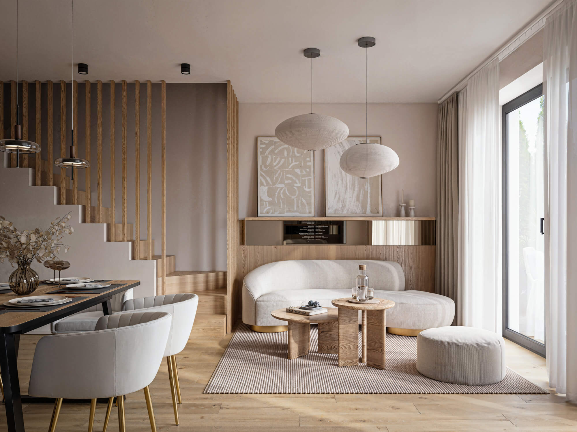 Wizualizacje 3D wnętrz inwestycji Północne Zacisze - salon z jadalnią