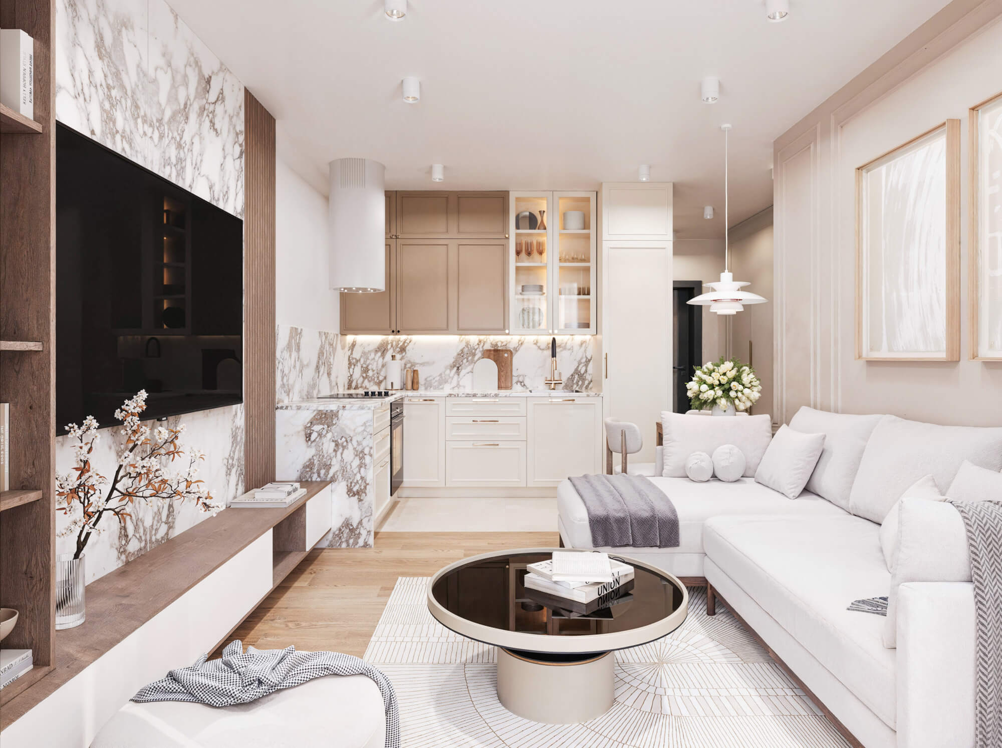 Wizualizacje 3D wnętrz inwestycji Lumina - salon z otwartą kuchnią