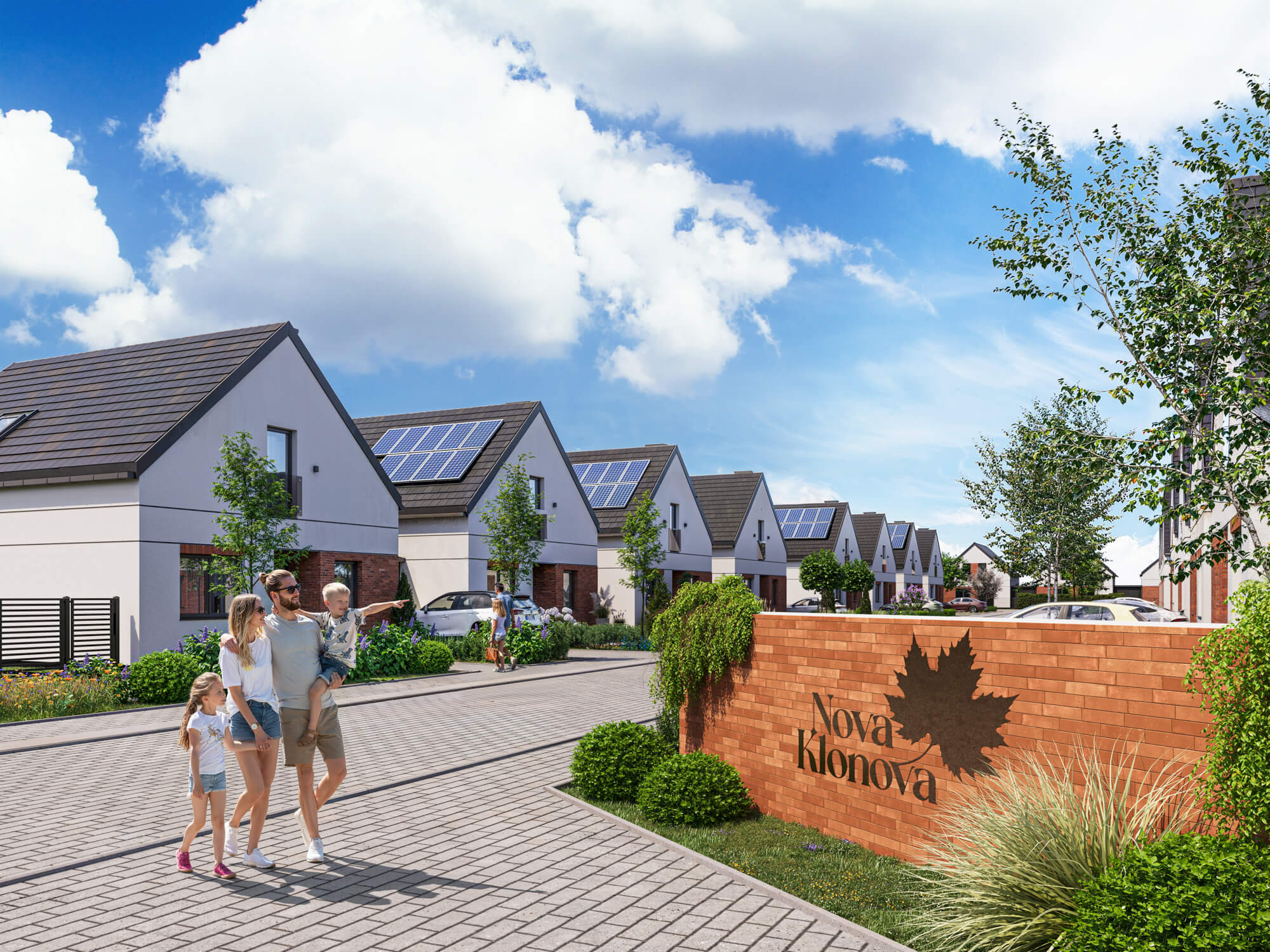 Wizualizacje 3D inwestycji Nova Klonova - wjazd na osiedle z zabudową segmentową