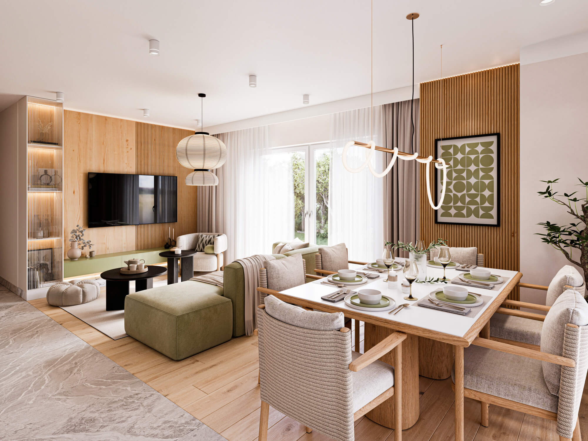Wizualizacje 3D wnętrz inwestycji Apartamenty Akacjowa - strefa dzienna z jadalnią i salonem