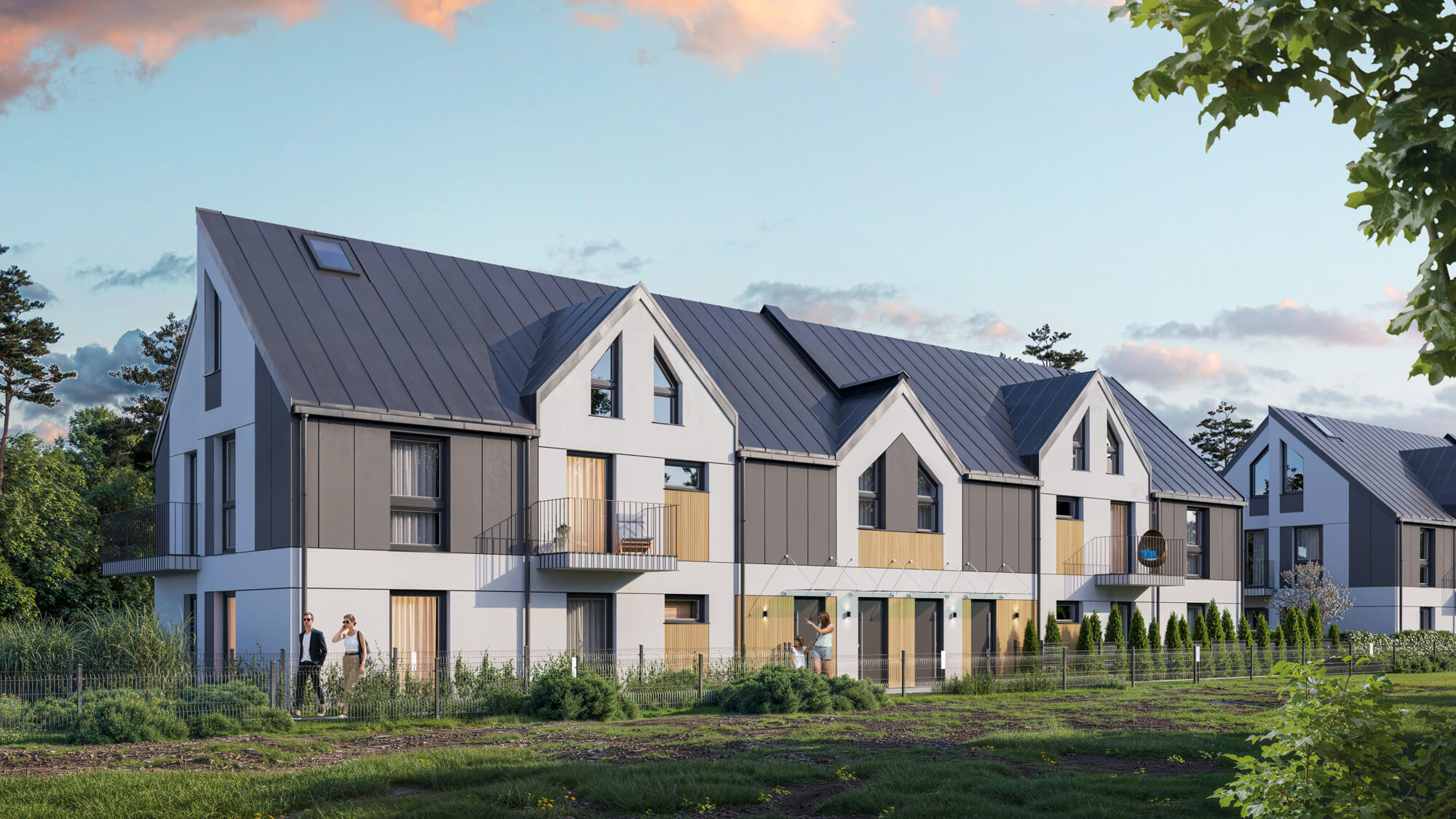 Wizualizacje 3D inwestycji Apartamenty Akacjowa - widok budynku z ogródkiem