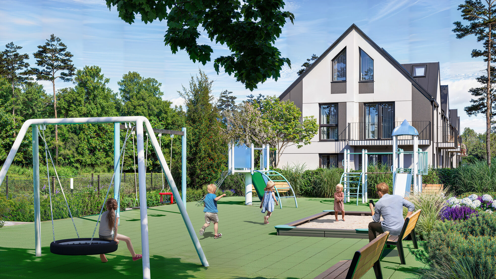Wizualizacje 3D inwestycji Apartamenty Akacjowa - plac zabaw na terenie osiedla
