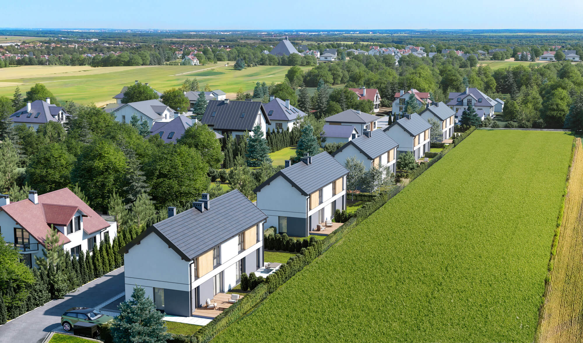 Wizualizacje 3D inwestycji Zielona Rączna - widok z lotu ptaka