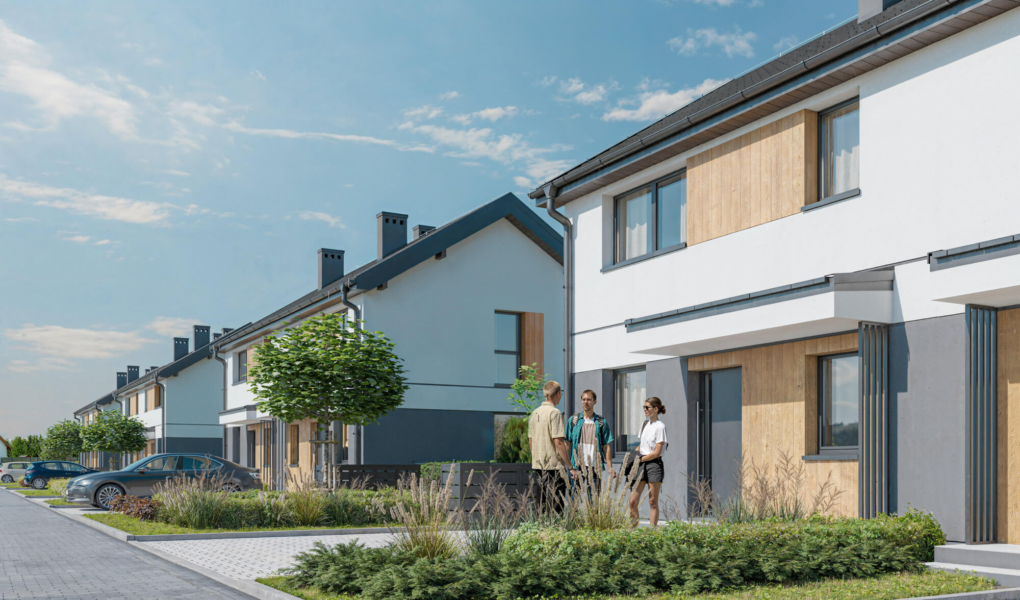 Wizualizacje 3D inwestycji Zielona Rączna - widok na osiedle w zabudowie bliźniaczej